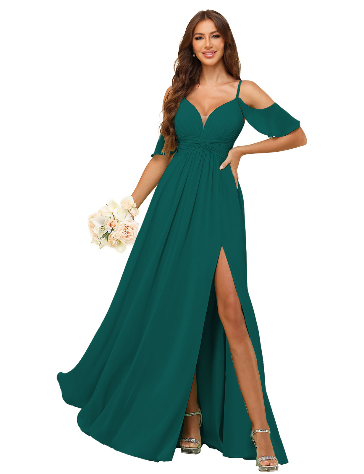 A-line Deep V-neck Spaghetti Straps Chiffon Silt Bridesmaid Dress #BM2507134