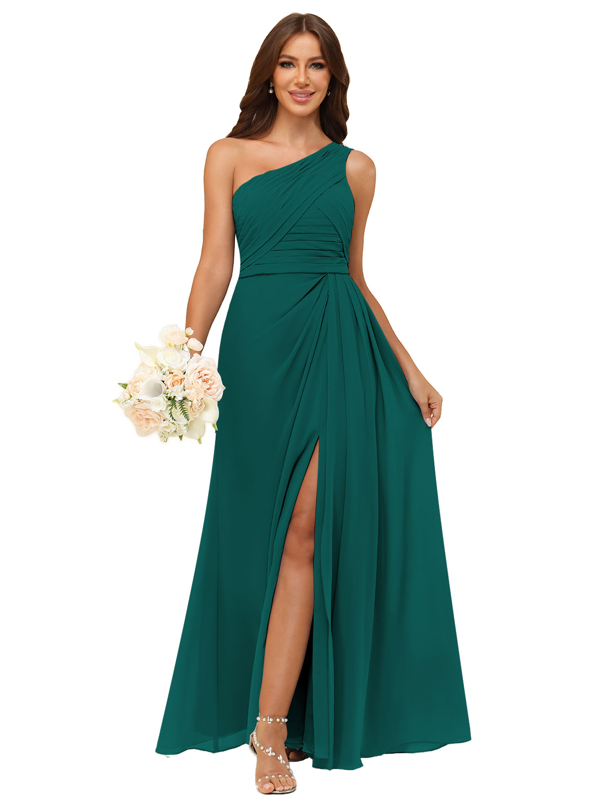 A-line One Shoulder Chiffon Silt Back Zip Bridesmaid Dress #BM2504122