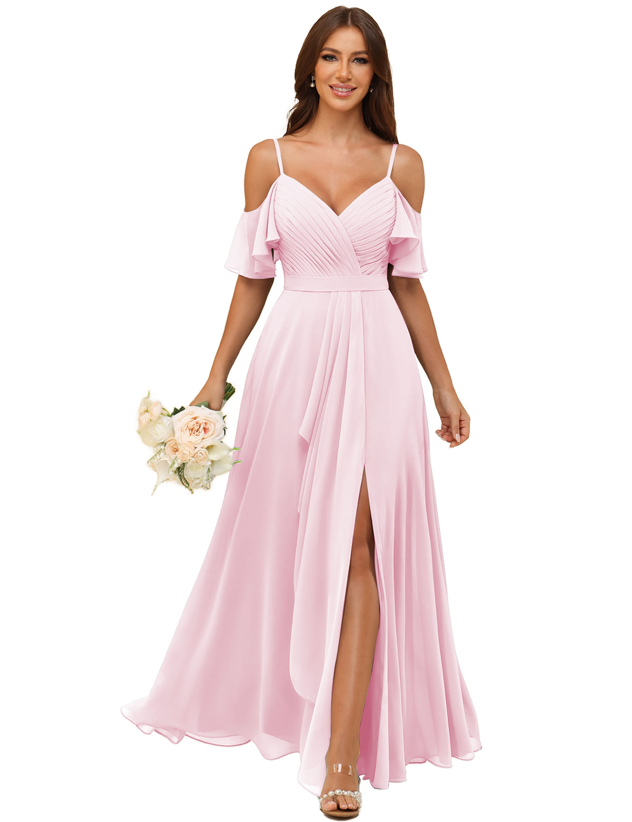 A-line V-neck Spaghetti Straps Chiffon Silt Bridesmaid Dress #BM2507214