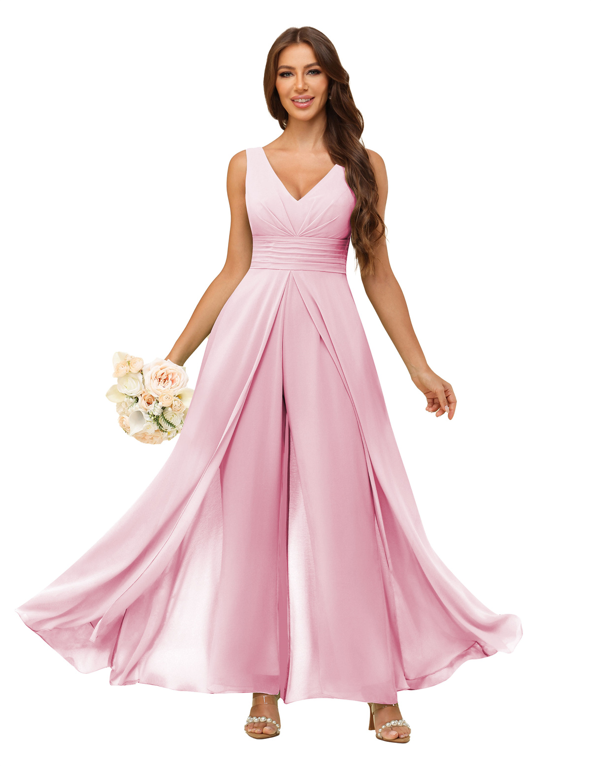 A-line V-neck Chiffon Straps V-back Bridesmaid Dress #PR2507216