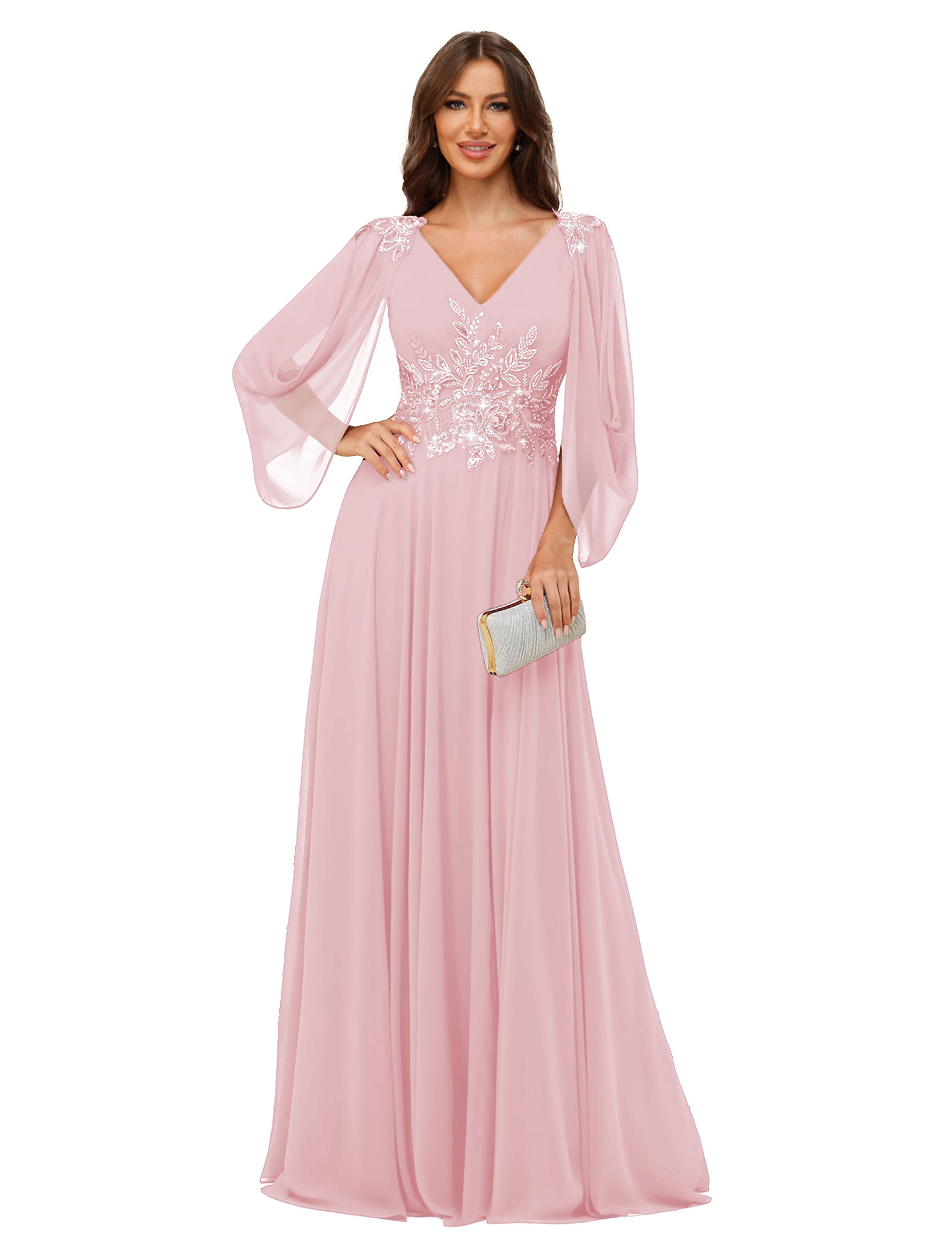 A-line V-neck Chiffon V-back Long Sleeves Mother of The Bride Dress #BM2501034