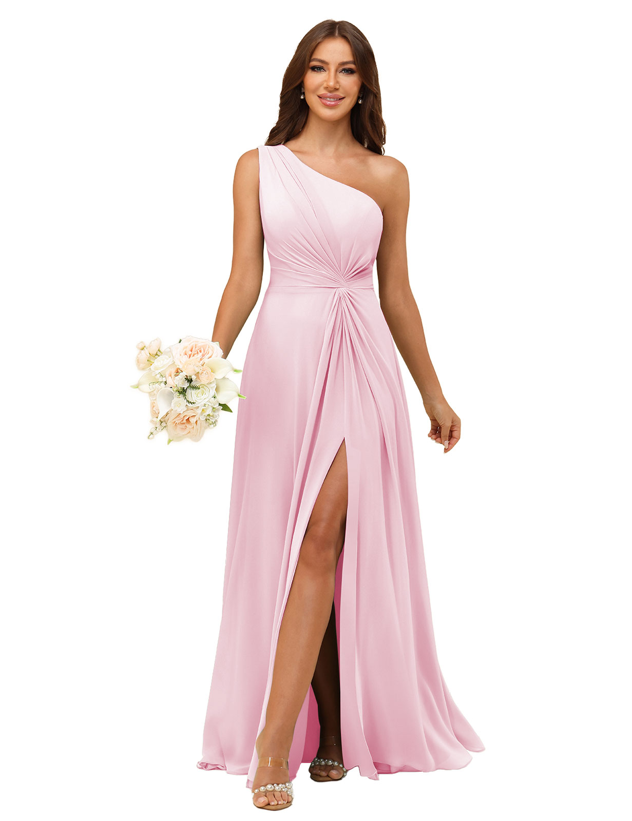 A-line One Shoulder Chiffon Silt Bridesmaid Dress #BM2508033