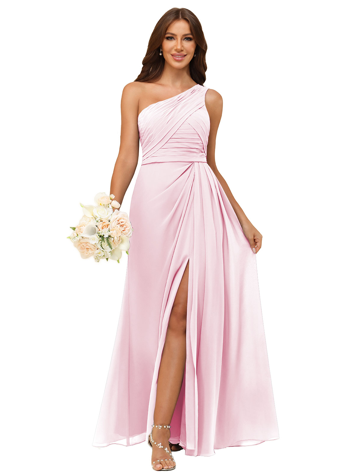 A-line One Shoulder Chiffon Silt Back Zip Bridesmaid Dress #BM2504122