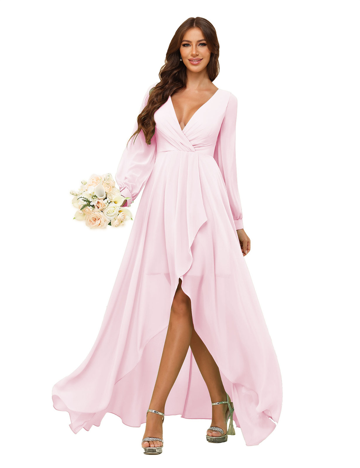 A-line Deep V-neck Chiffon Long Sleeves Bridesmaid Dress #BM2507136