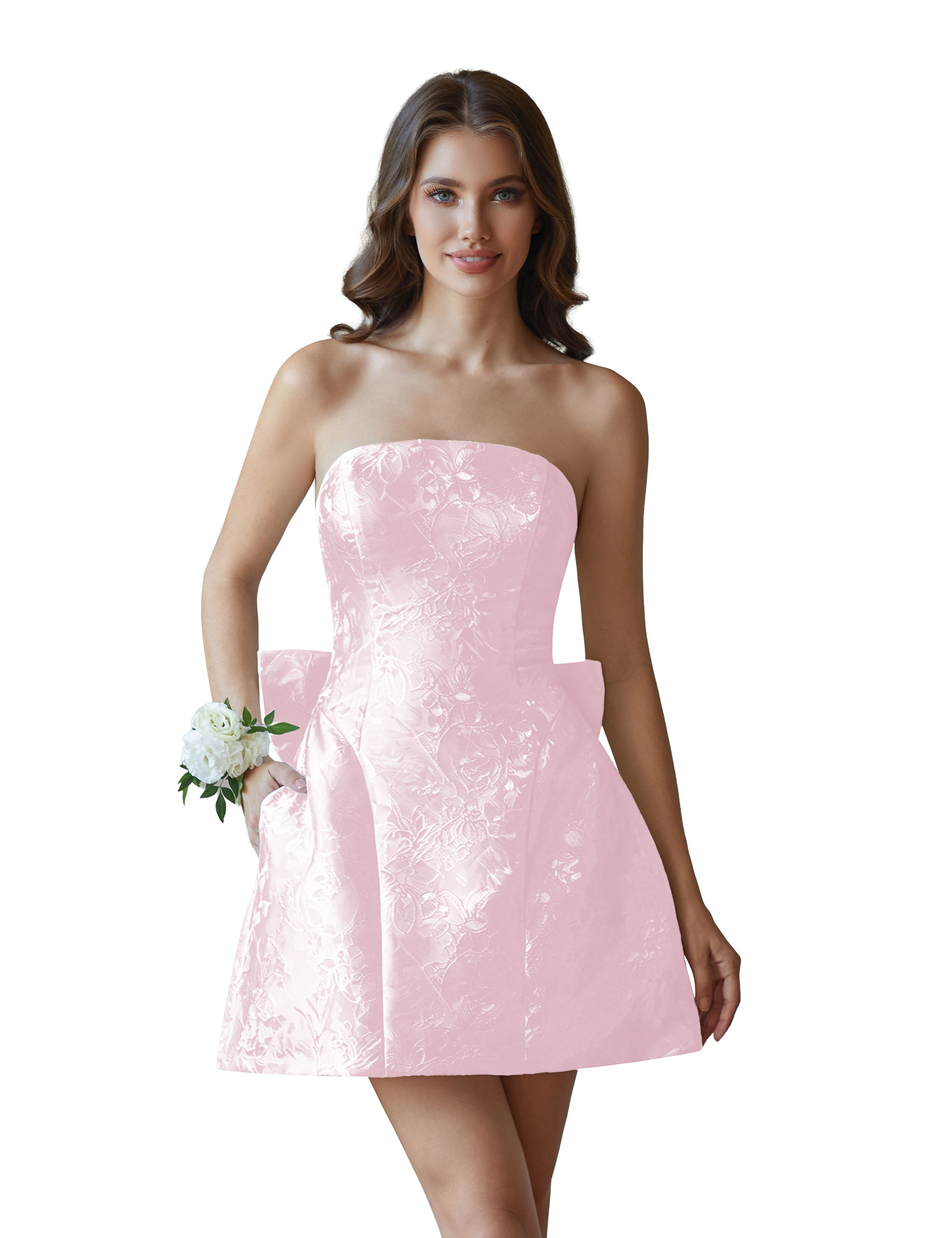 Jacquard Satin Mini Short Party Cocktail Prom Homecoming Dress with Bow Back #HC2401770
