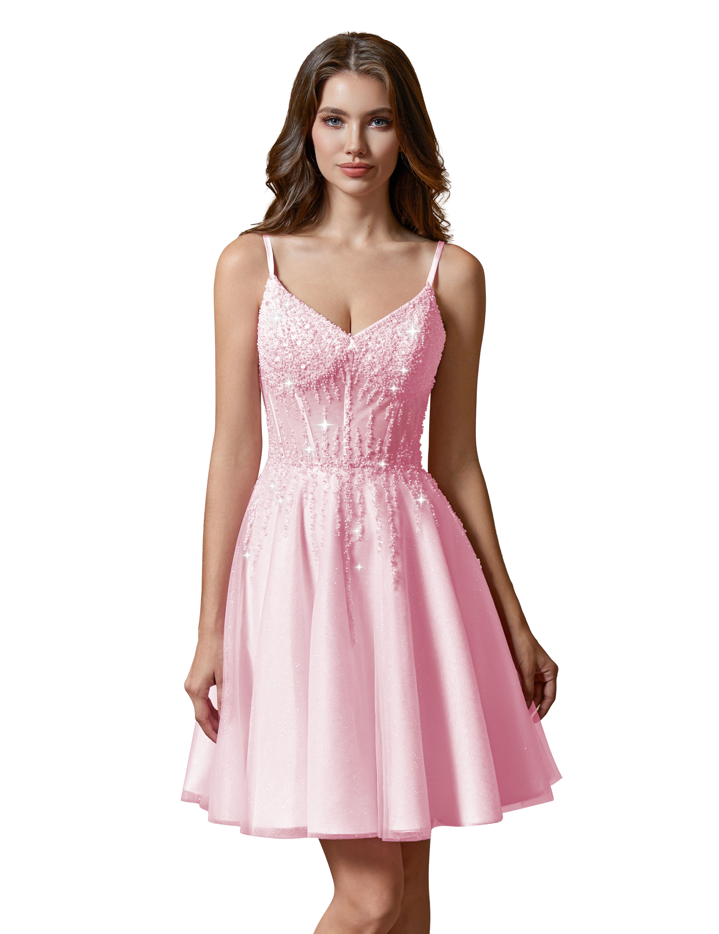 A-line V-Neck Sparkly Tulle Lace Appliques Homecoming Dress #HC2401738
