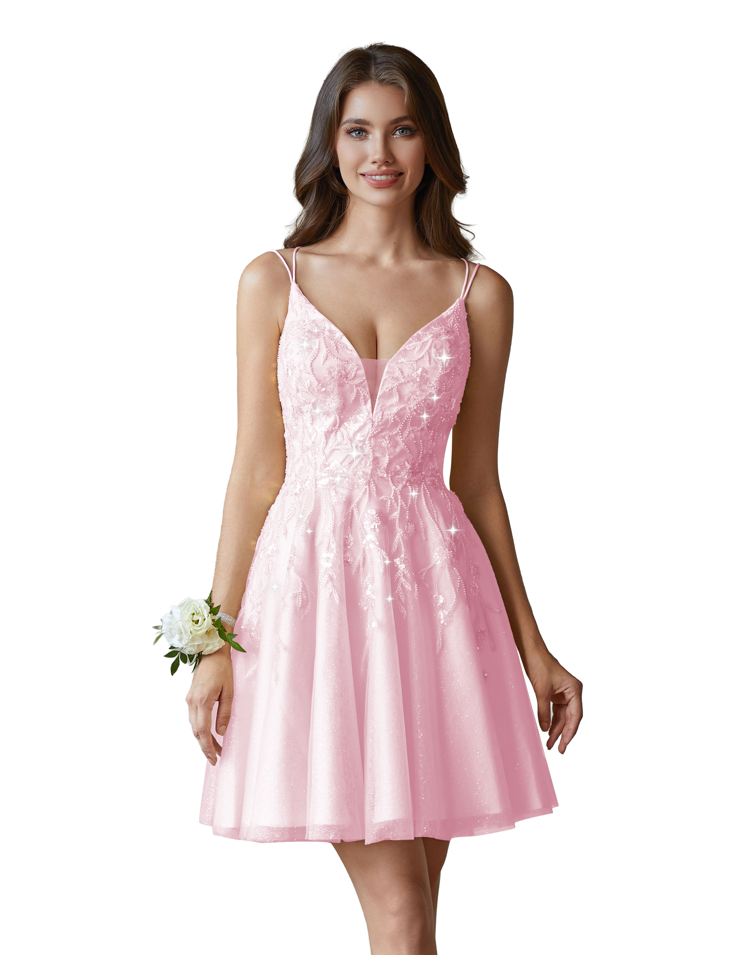 A-line V-Neck Tulle Beaded Lace Appliques Cocktail Homecoming Dress #HC2402602