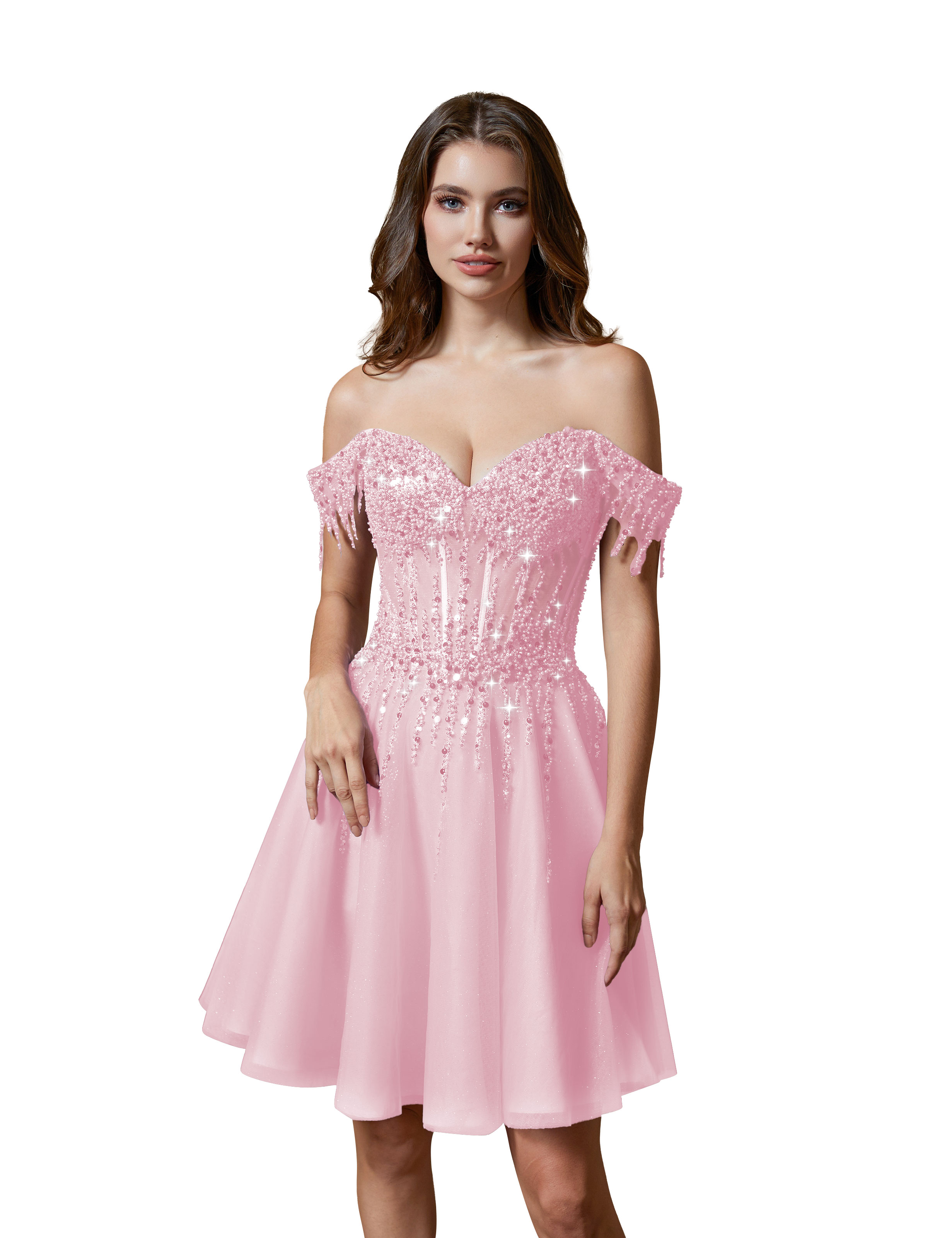 A-line Off Shoulder Lace Appliques Sparkly Sequin Tulle Homecoming Dress #HC2401169