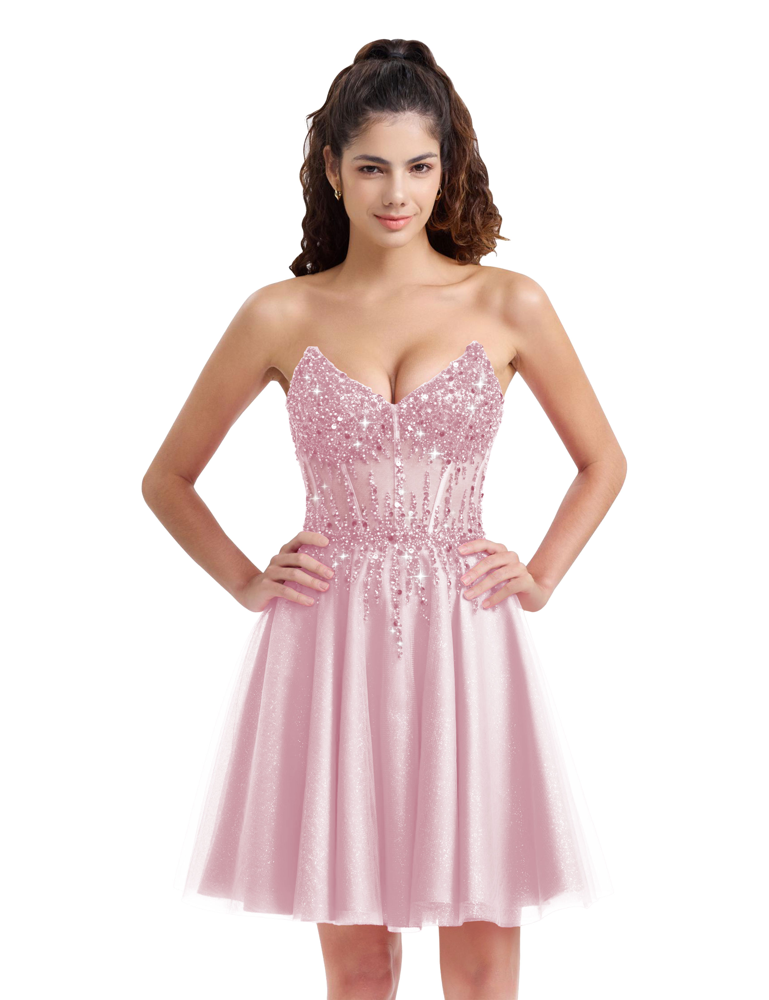Sparkly A-line V-Neck Tulle Strapless Beaded Homecoming Dress #HC2402127