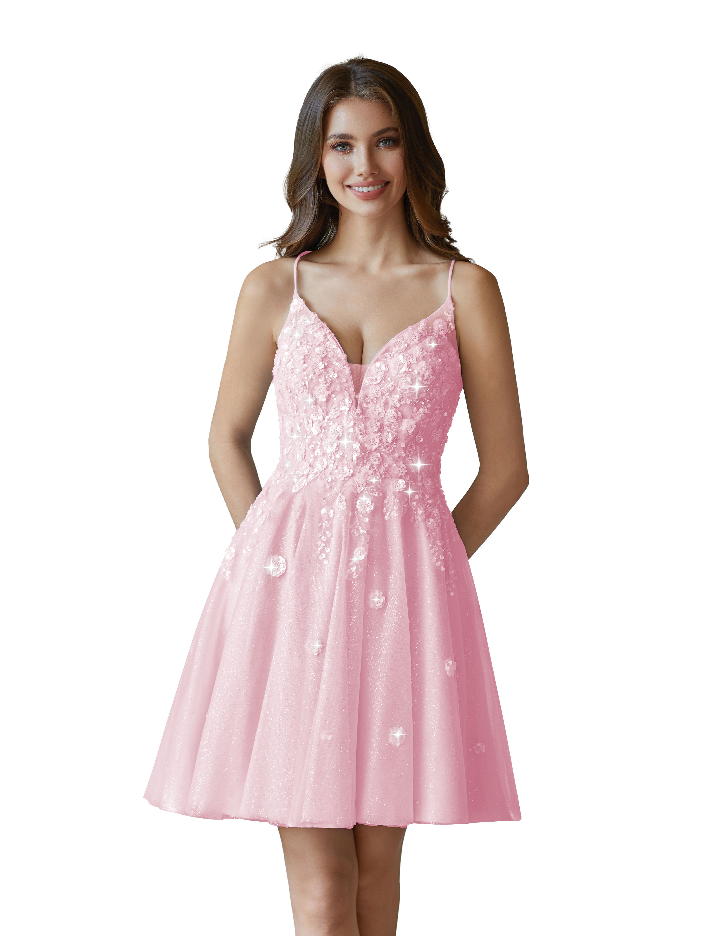 V-Neck Sspaghetti Strap Sparkly Lace Sequin Short Tulle Homecoming Dress #HC2604021