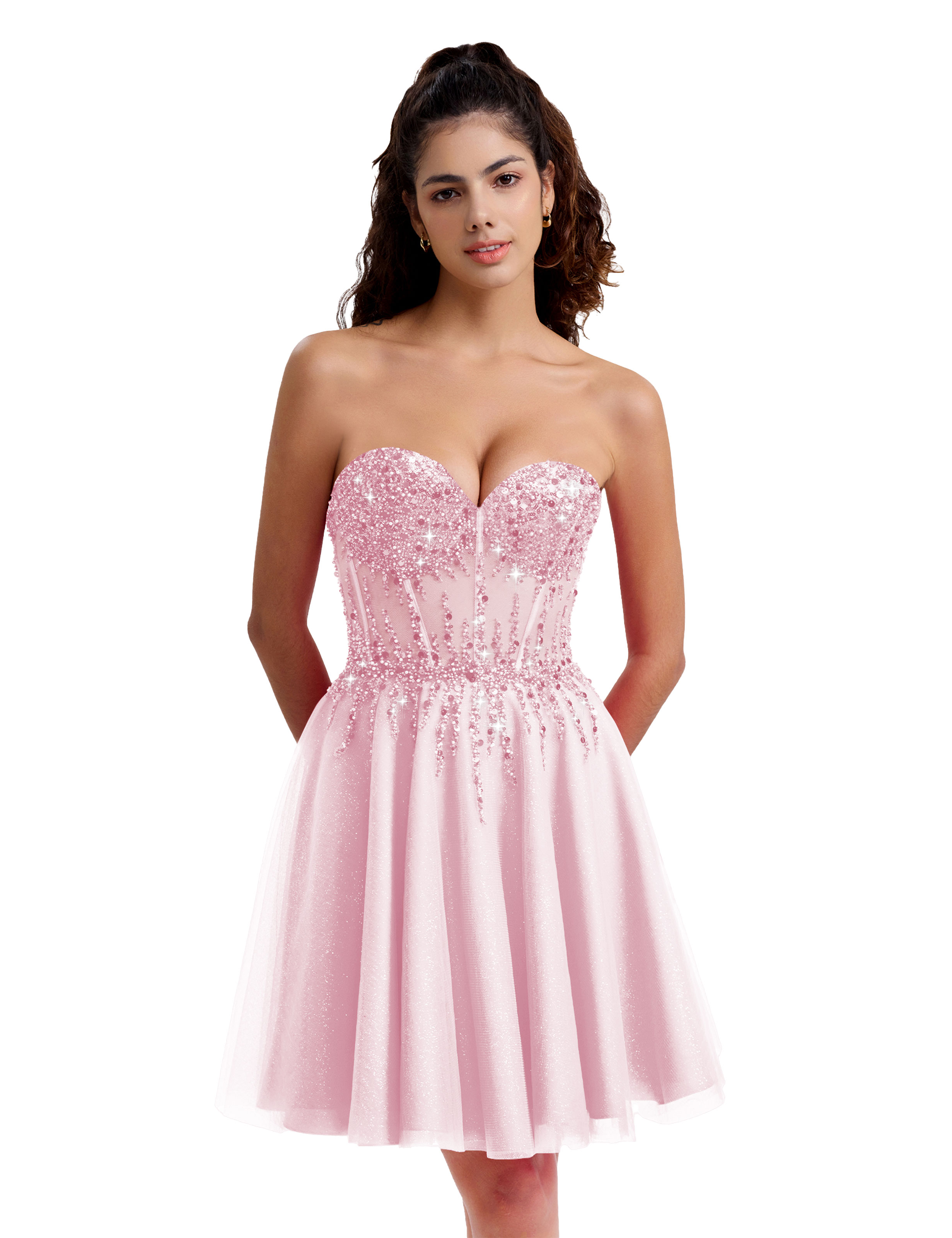 Sparkly A-line Sweetheart Tulle Beaded Party Homecoming Dress #HC2402135