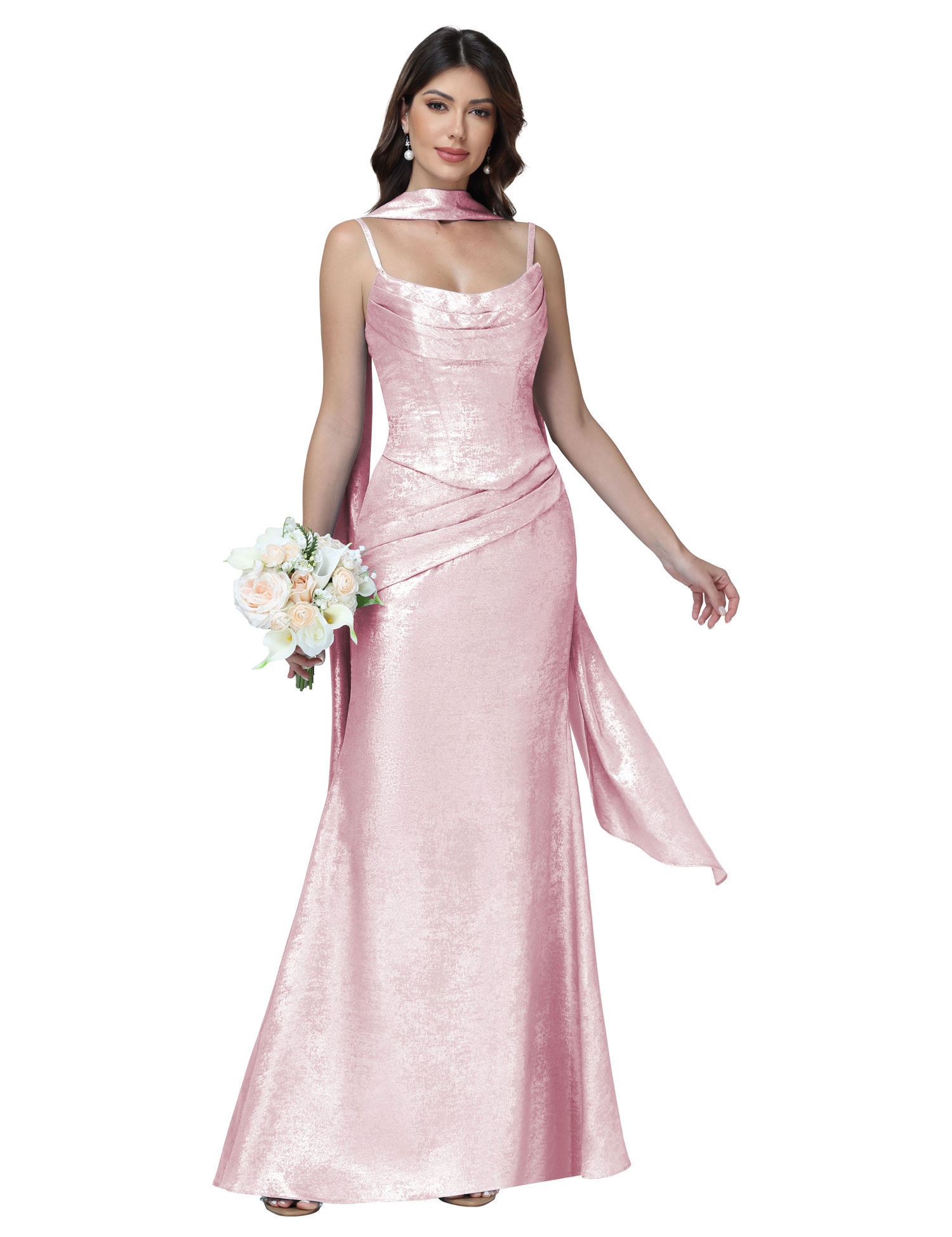 Mermaid Spaghttei Straps Prom Dress 2 Pieces Bridesmaid Dress with Scarf #BM2512054