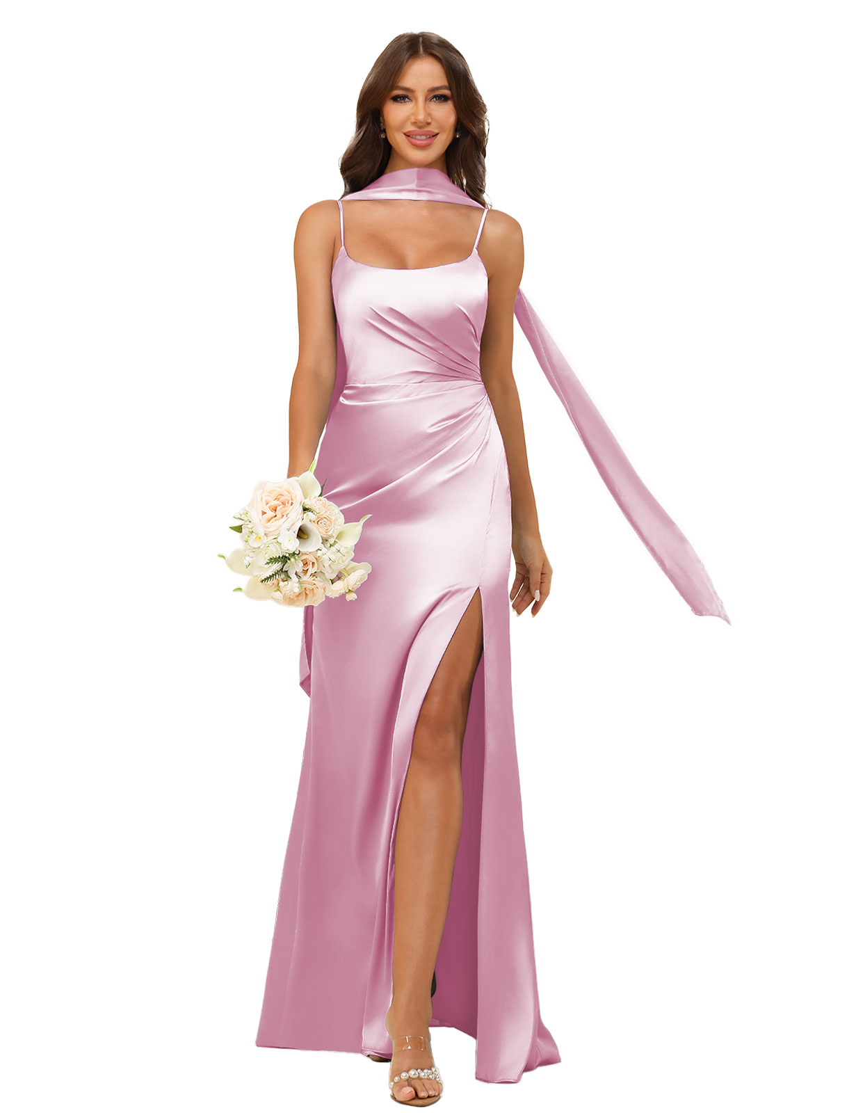 Mermaid U-neck Spaghetti Straps Satin Silt Bridesmaid Dress #BM2507145