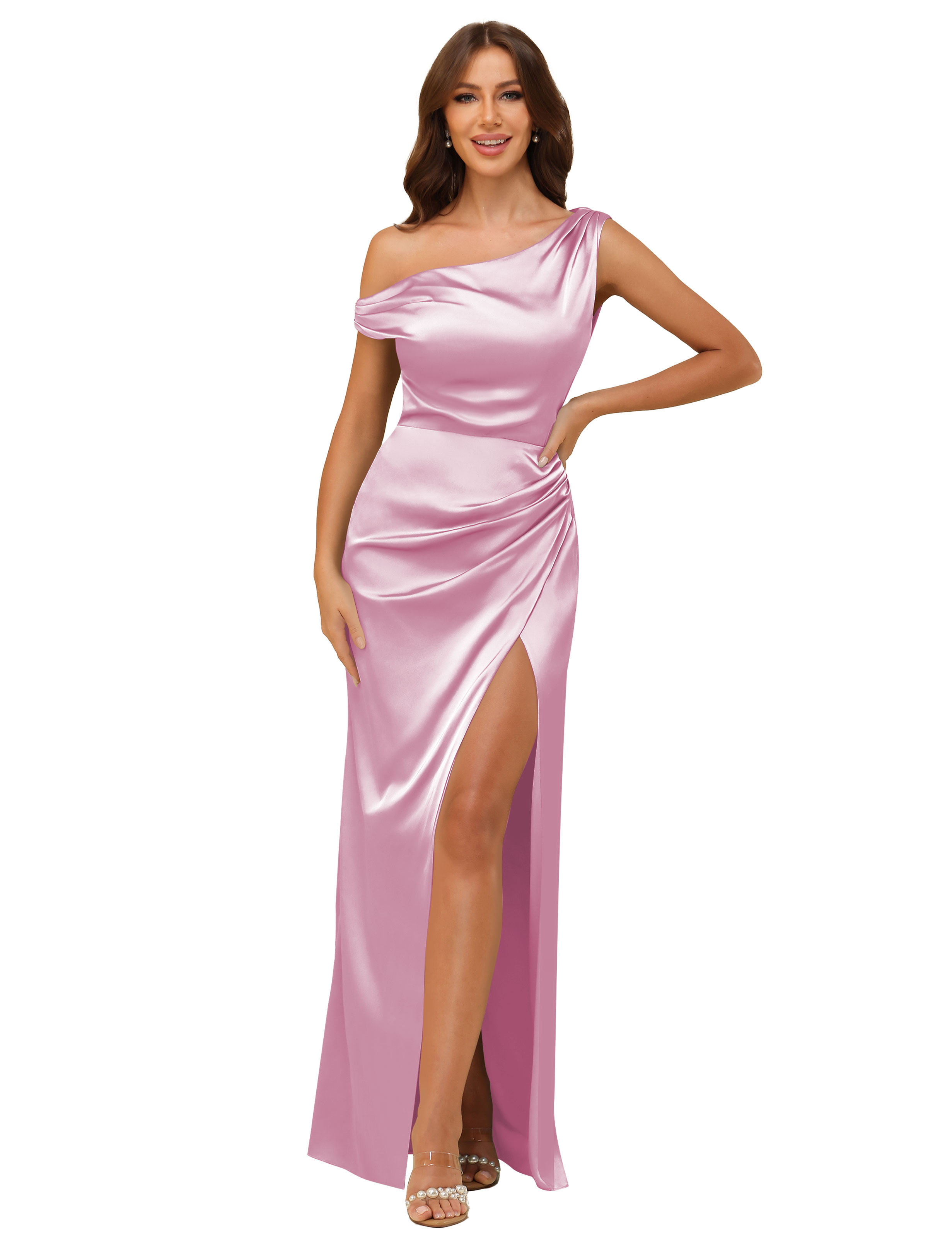 Sheath One Shoulder Satin Silt Side Zip Bridesmaid Dress #BM2507059