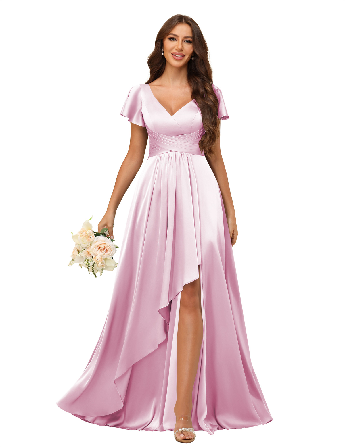 A-line V-neck Short Sleeves Satin Silt Bridesmaid Dress #BM2508022