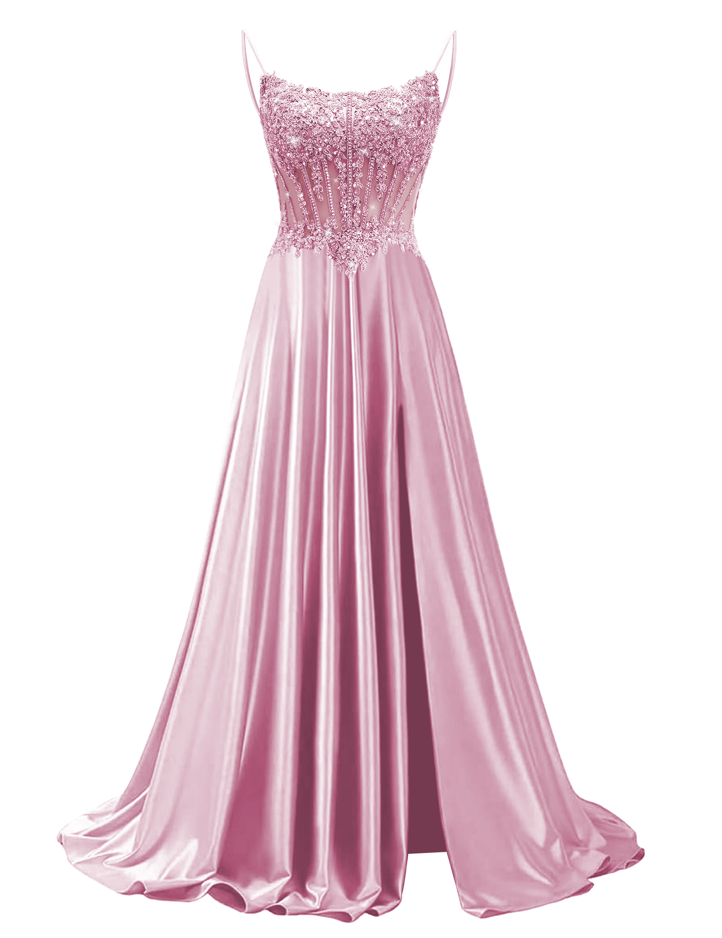 Mermaid Spaghetti Straps Satin Beaded Sequin Pleated Slit Prom Dress #PR2510011