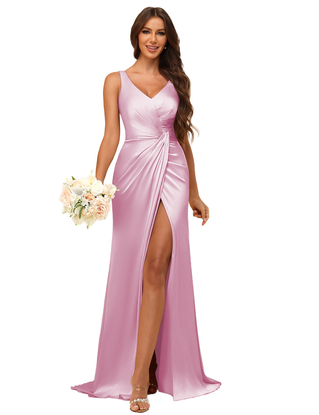 Mermaid V-neck Straps Satin Silt Bridesmaid Dress #BM2507144