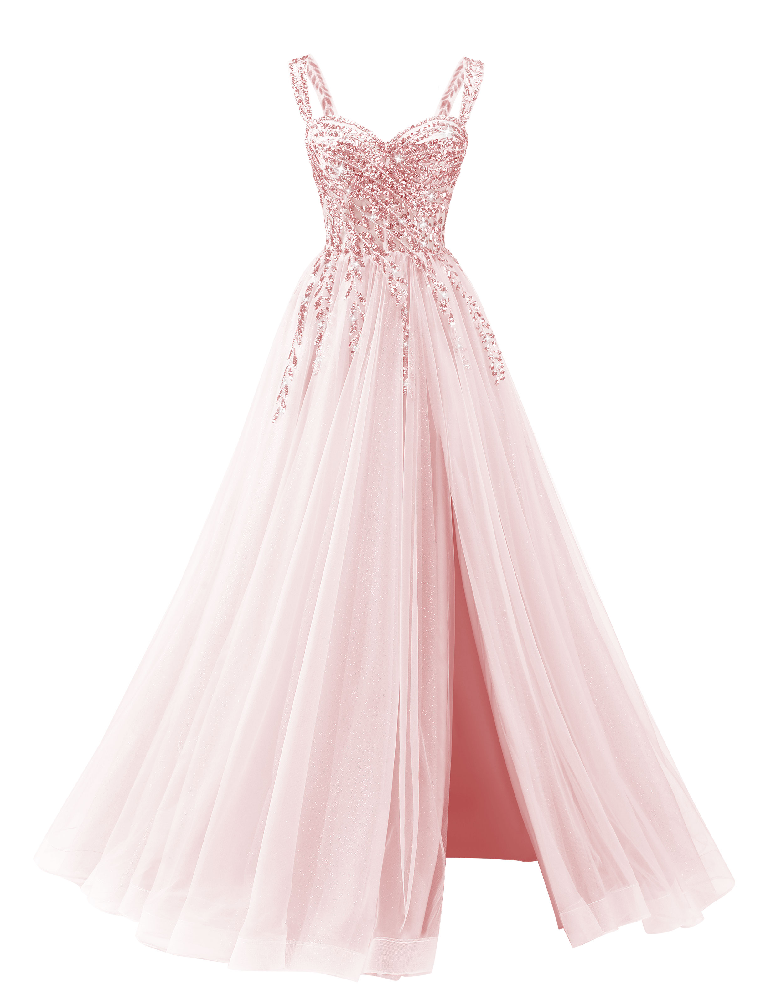 A-line Sweetheart Sparkly Tulle Sequins Beaded Slit Corset Prom Dress #PR2512071