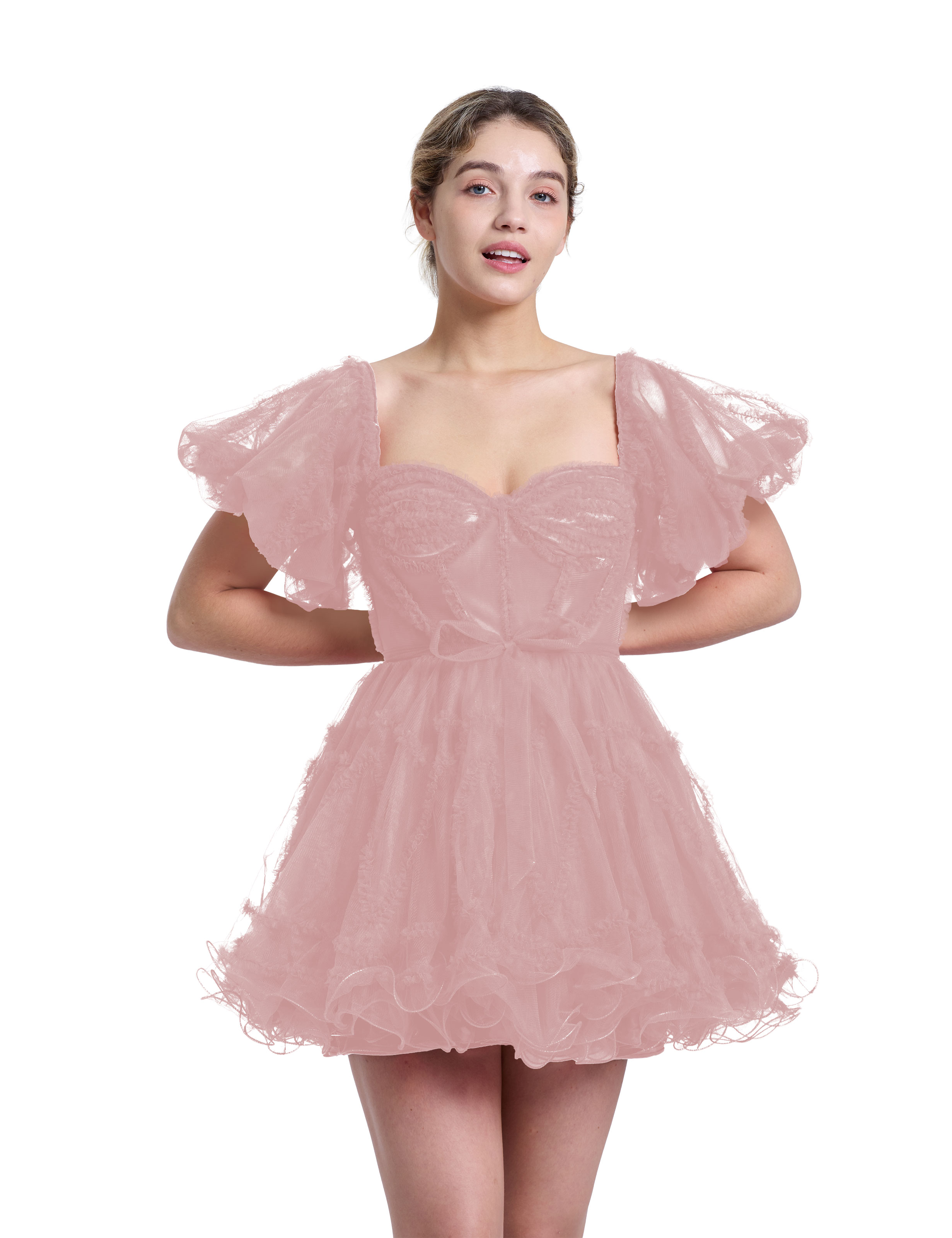 A-line Sweetheart Ruffles Tulle Puffy Sleeves Red Homecoming Dress #HC2401317