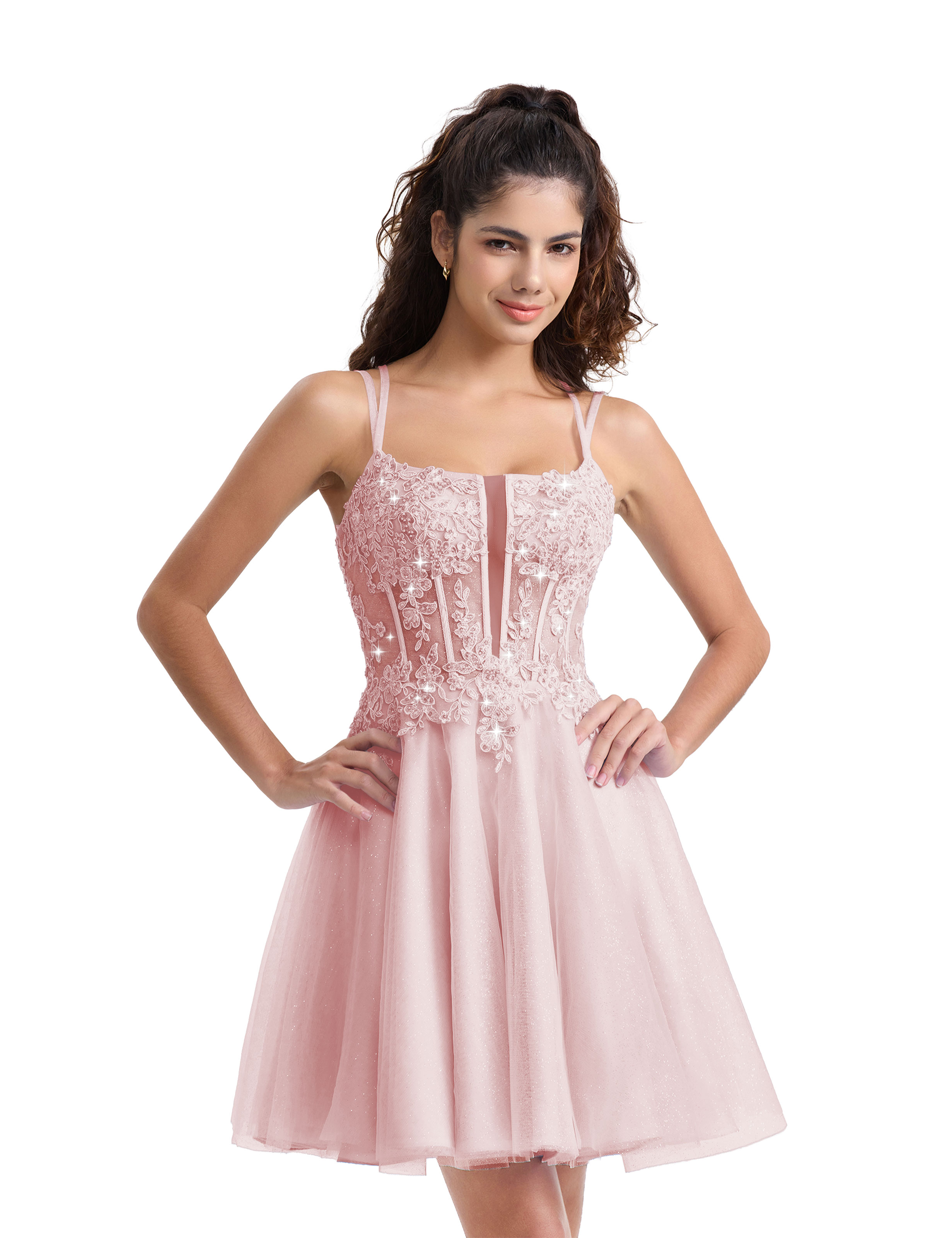 A-line Spaghetti Strap Tulle Lace Appliques Cocktail Homecoming Dress #HC2402129