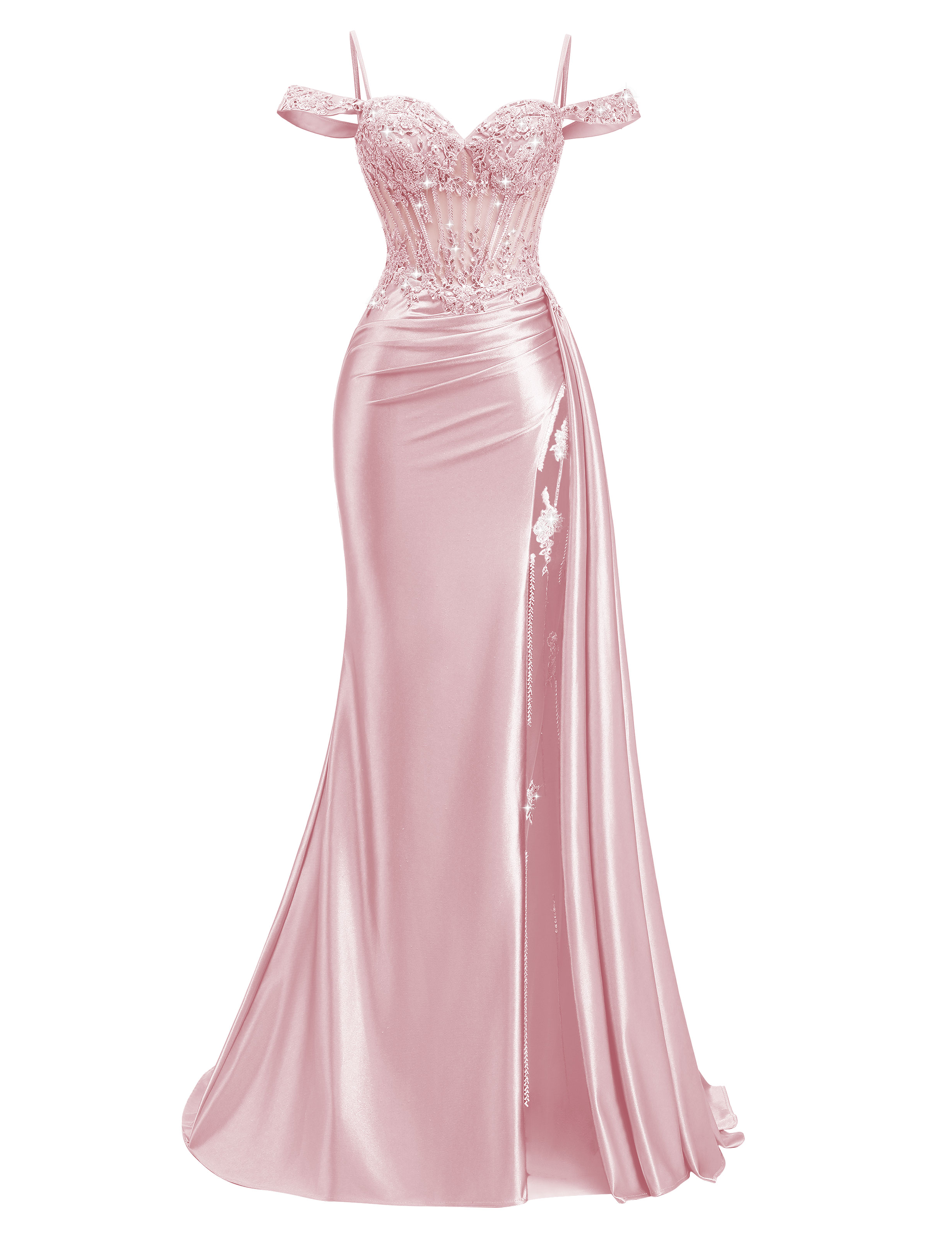 Mermaid Off Shoulder Beaded Sequin Appliques Satin Slit Prom Dress #PR2510009