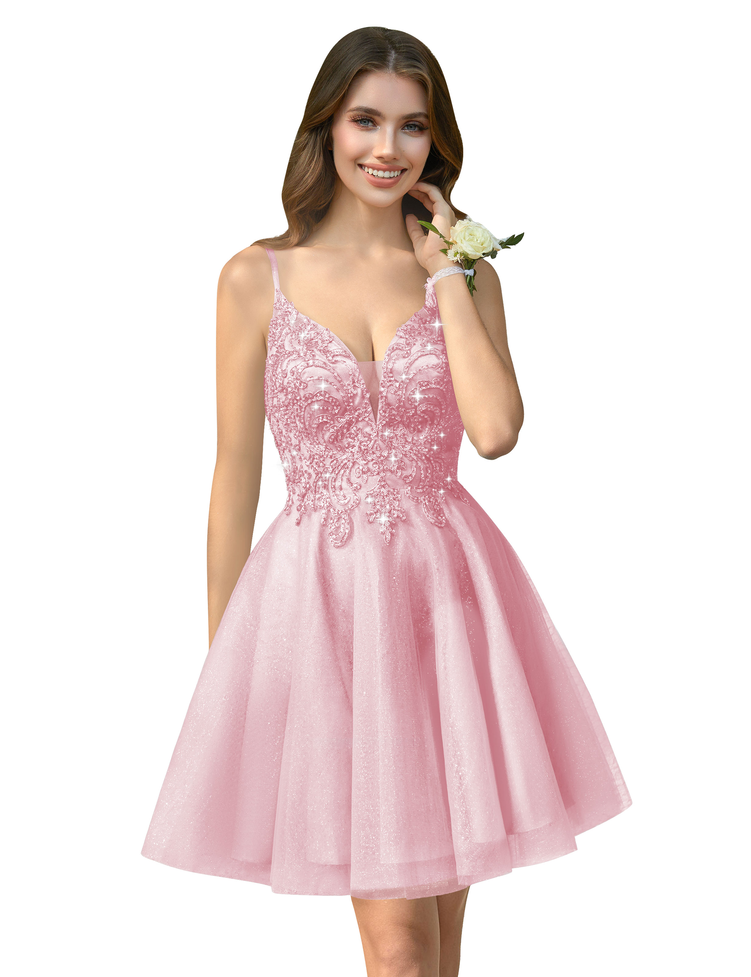 A-line V-neck Spaghetti Strap Sparkly Beaded Tulle Homecoming Dress #HC2401940