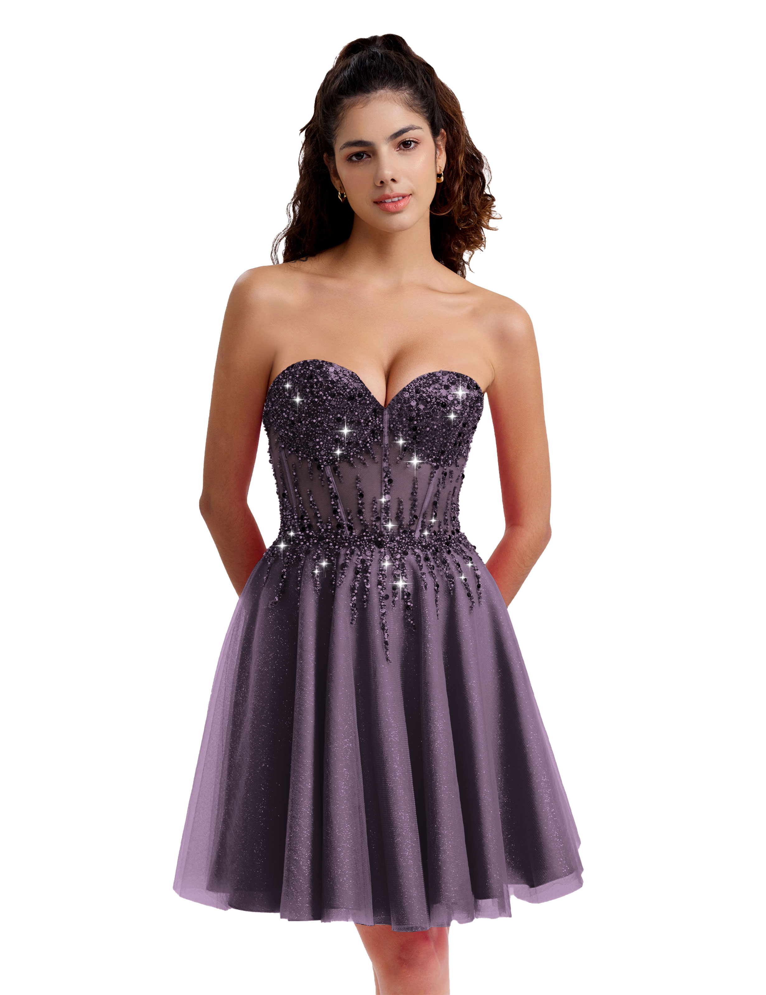 Sparkly A-line Sweetheart Tulle Beaded Party Homecoming Dress #HC2402135
