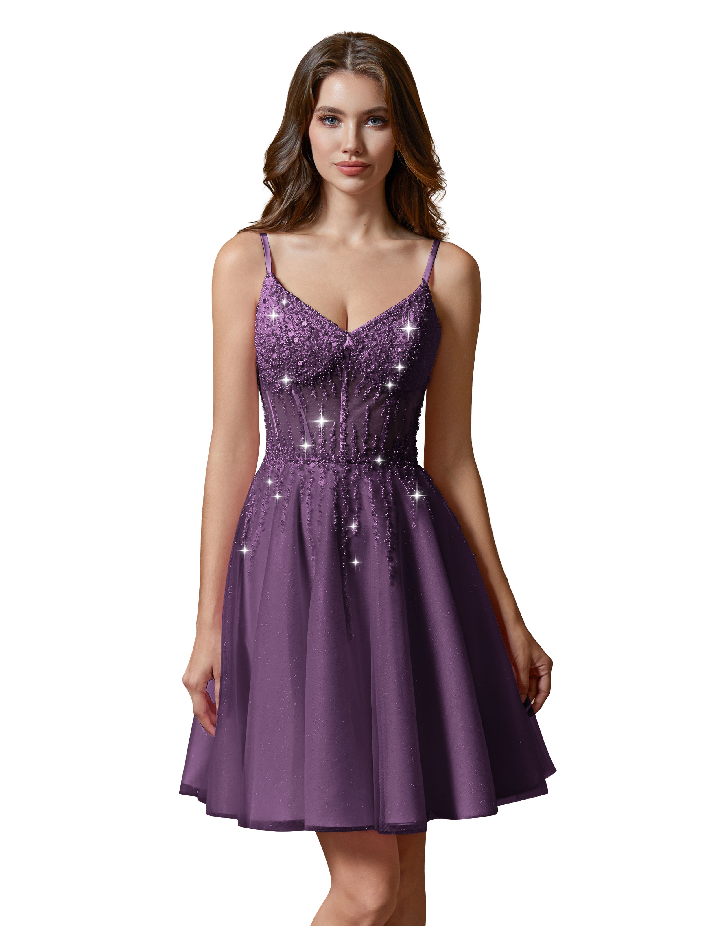 A-line V-Neck Sparkly Tulle Lace Appliques Homecoming Dress #HC2401738
