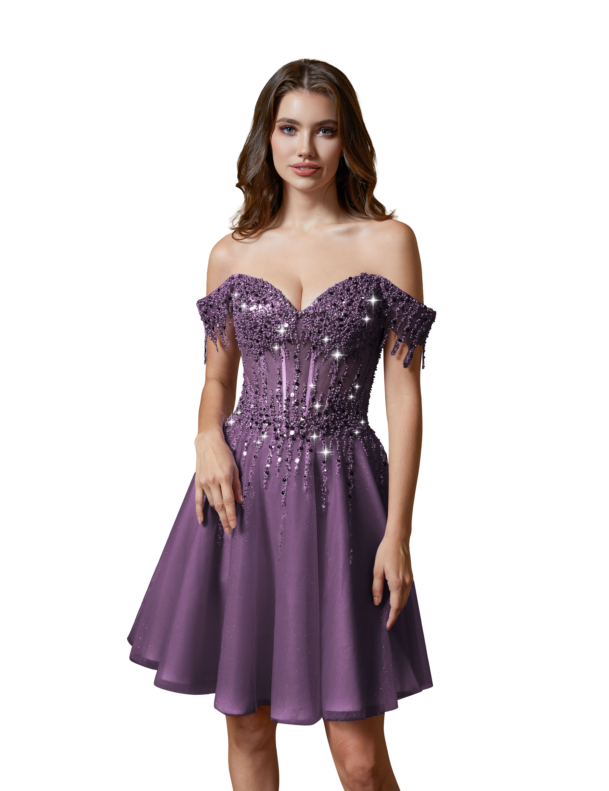 A-line Off Shoulder Lace Appliques Sparkly Sequin Tulle Homecoming Dress #HC2401169