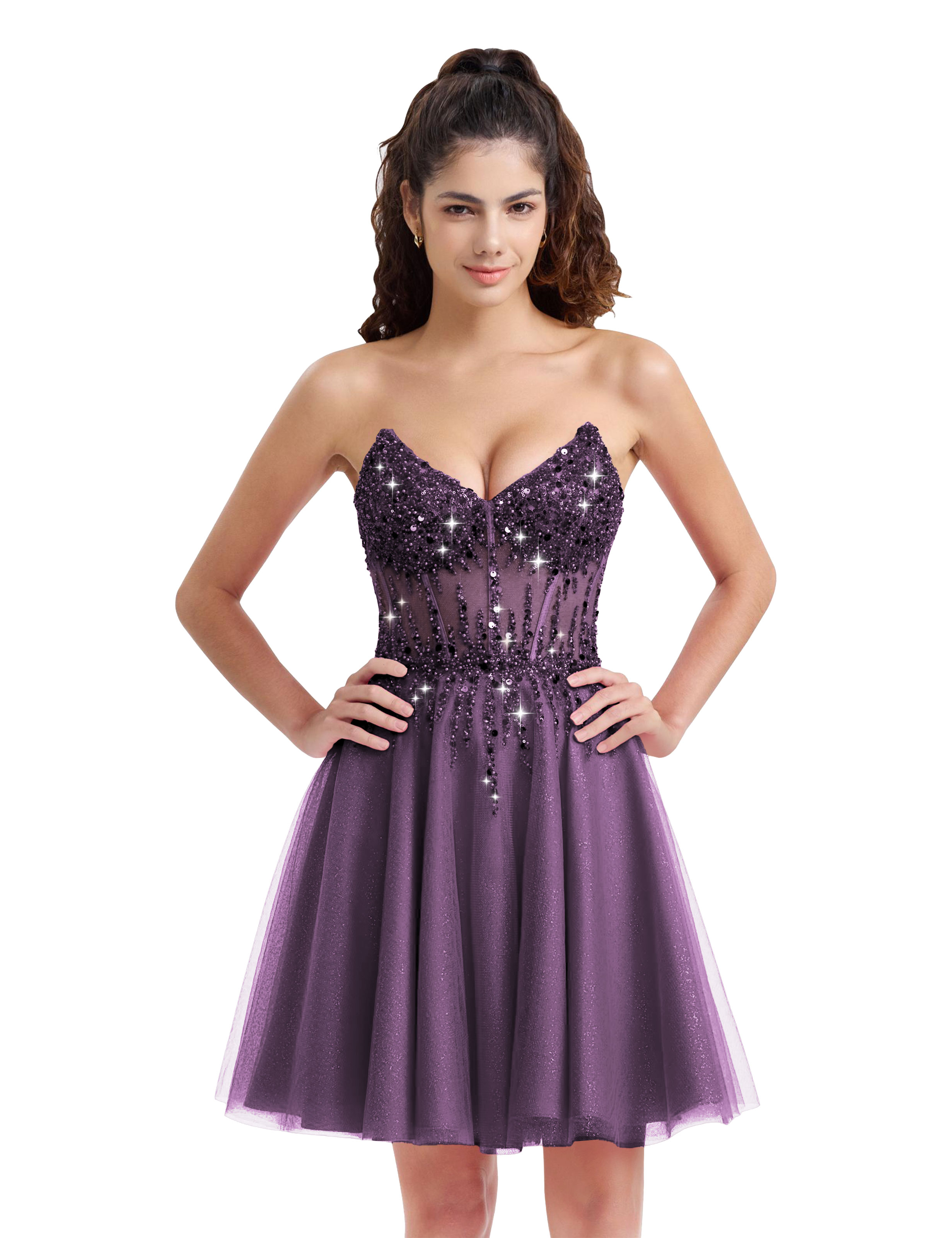 Sparkly A-line V-Neck Tulle Strapless Beaded Homecoming Dress #HC2402127