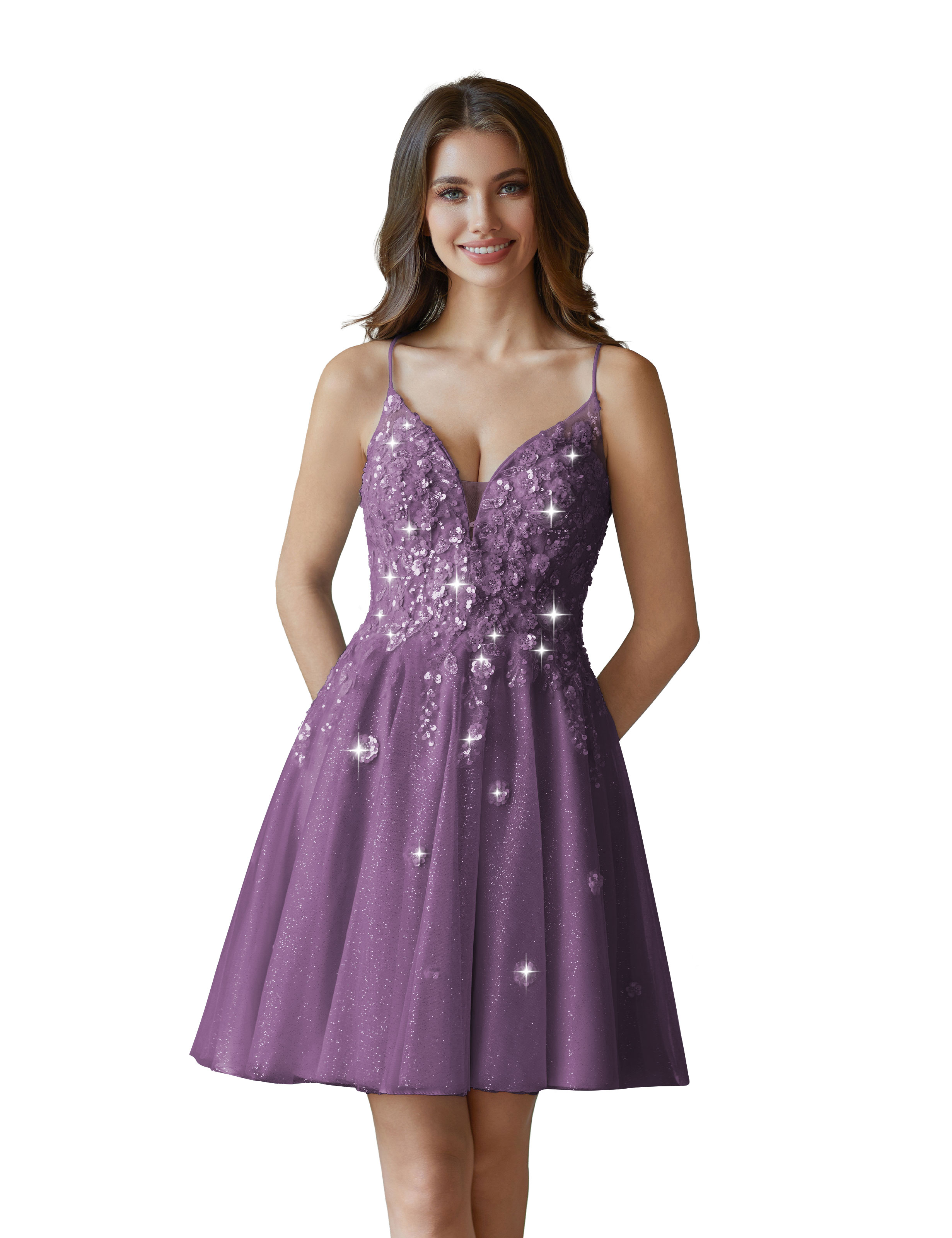 V-Neck Sspaghetti Strap Sparkly Lace Sequin Short Tulle Homecoming Dress #HC2604021