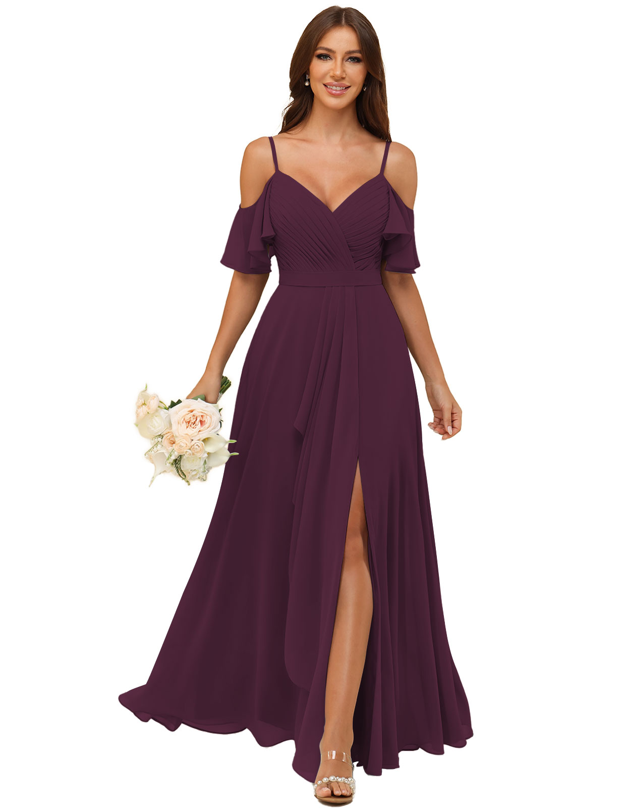 A-line V-neck Spaghetti Straps Chiffon Silt Bridesmaid Dress #BM2507214