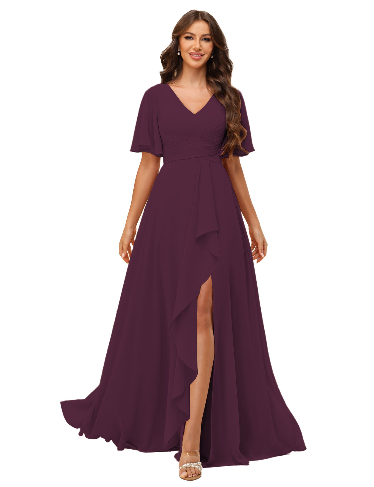 A-line V-neck Short Sleeves Chiffon Silt Bridesmaid Dress #BM2507137