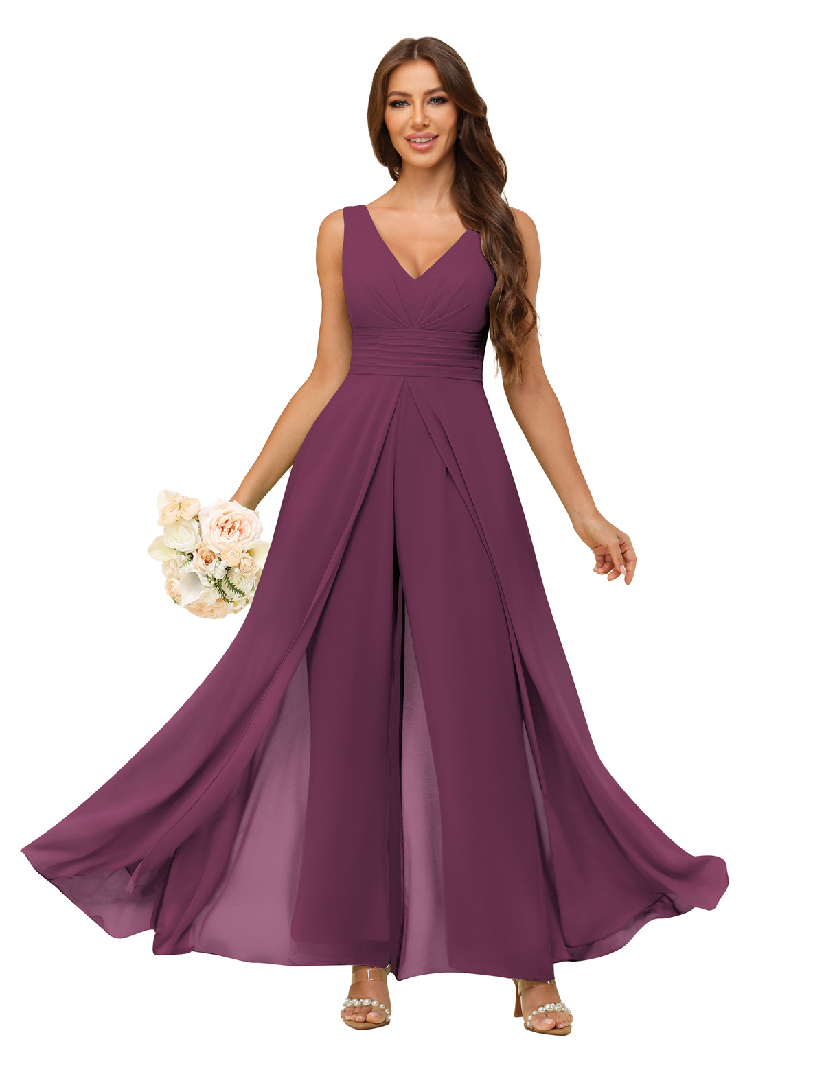 A-line V-neck Chiffon Straps V-back Bridesmaid Dress #PR2507216