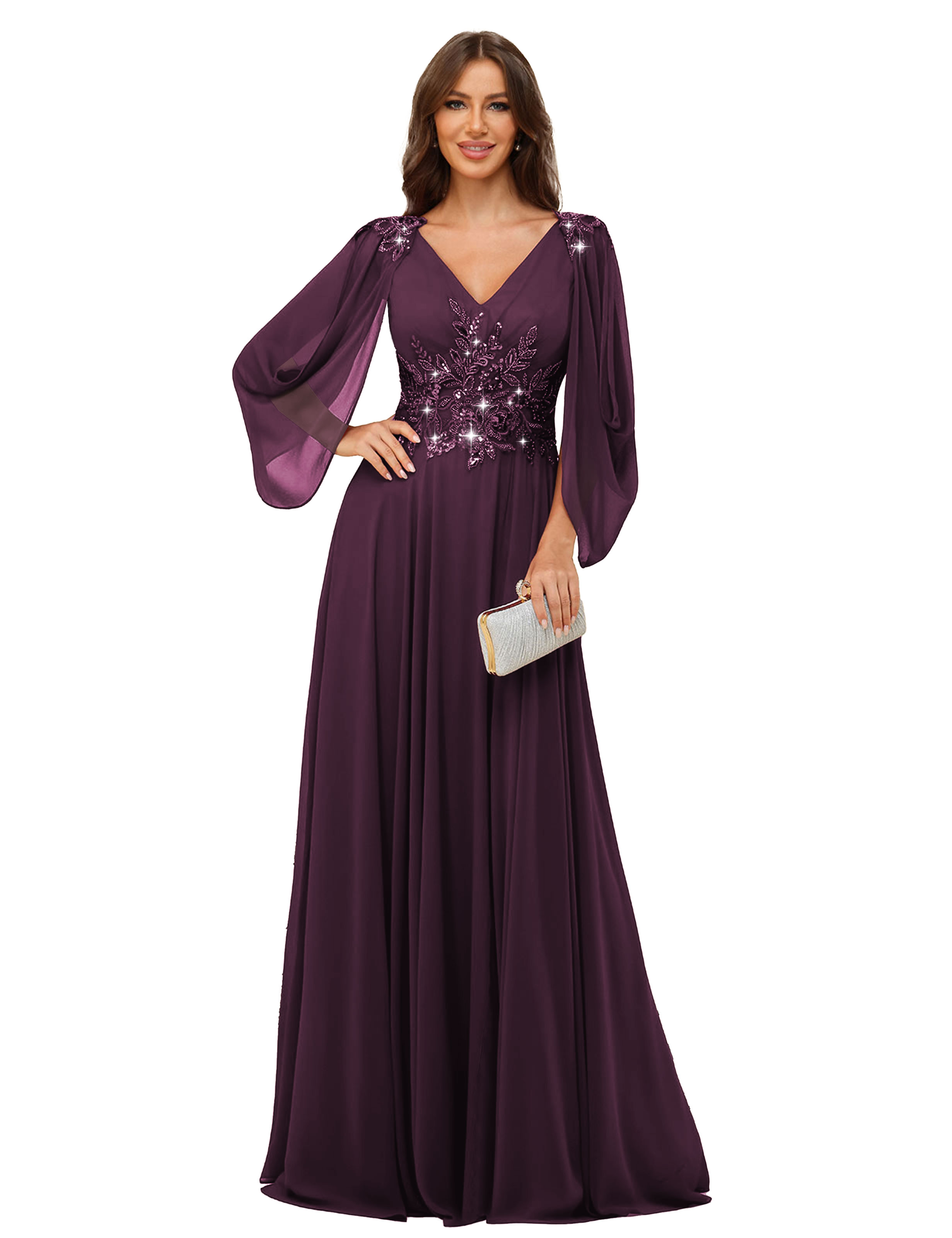 A-line V-neck Chiffon V-back Long Sleeves Mother of The Bride Dress #BM2501034