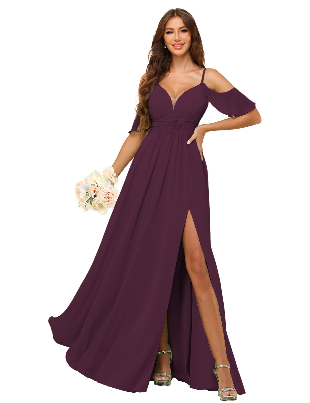 A-line Deep V-neck Spaghetti Straps Chiffon Silt Bridesmaid Dress #BM2507134