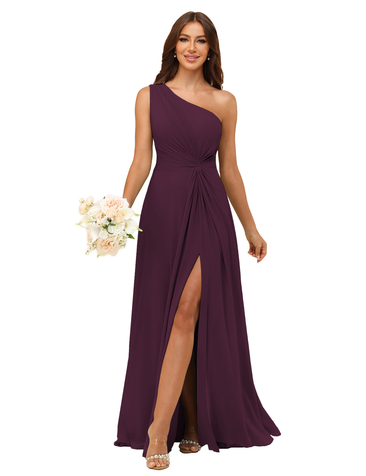 A-line One Shoulder Chiffon Silt Bridesmaid Dress #BM2508033