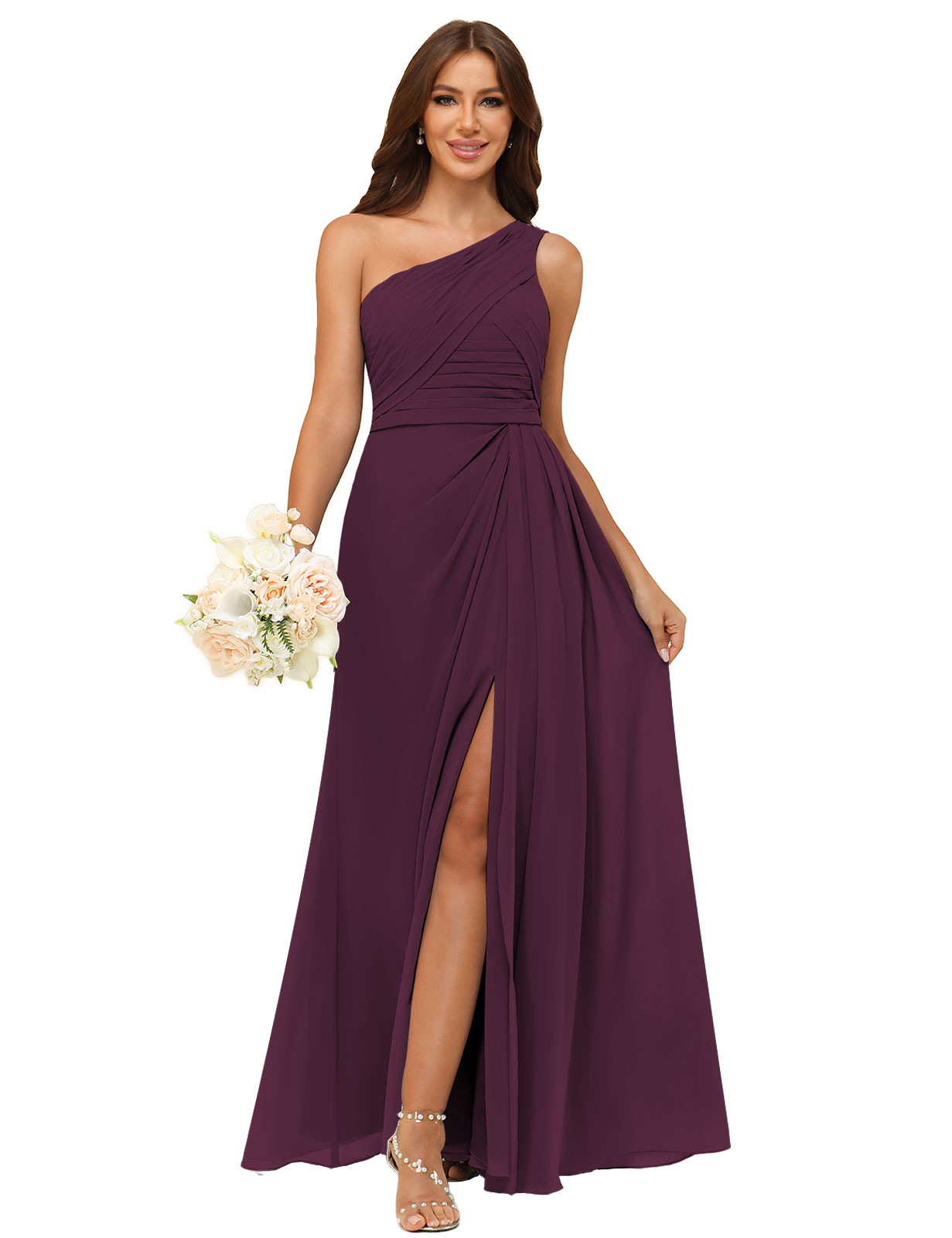 A-line One Shoulder Chiffon Silt Back Zip Bridesmaid Dress #BM2504122