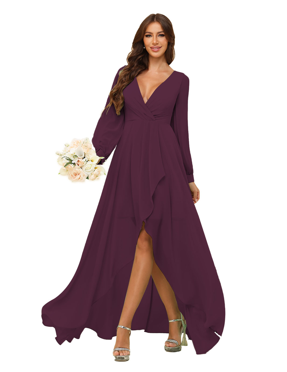 A-line Deep V-neck Chiffon Long Sleeves Bridesmaid Dress #BM2507136