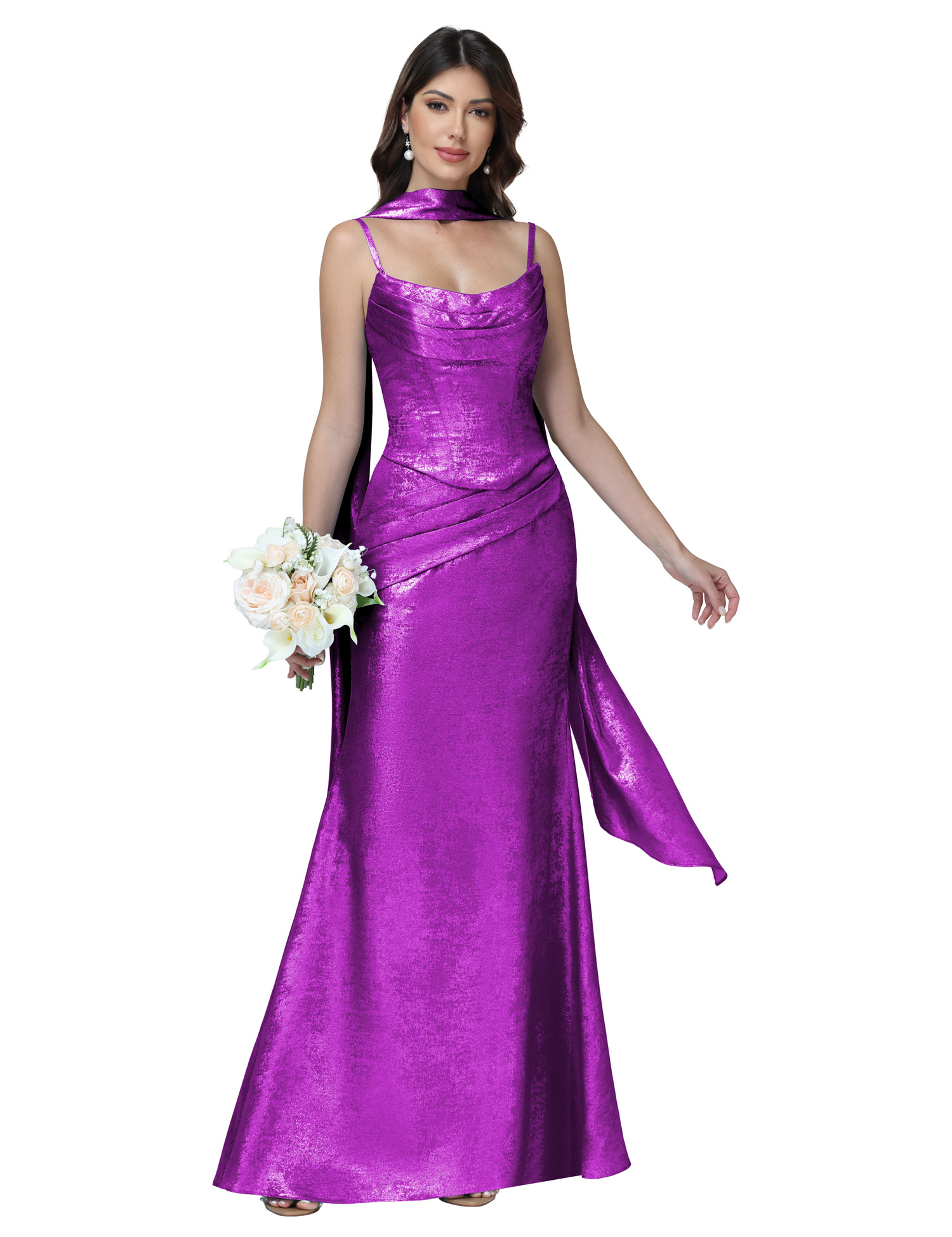 Mermaid Spaghttei Straps Prom Dress 2 Pieces Bridesmaid Dress with Scarf #BM2512054