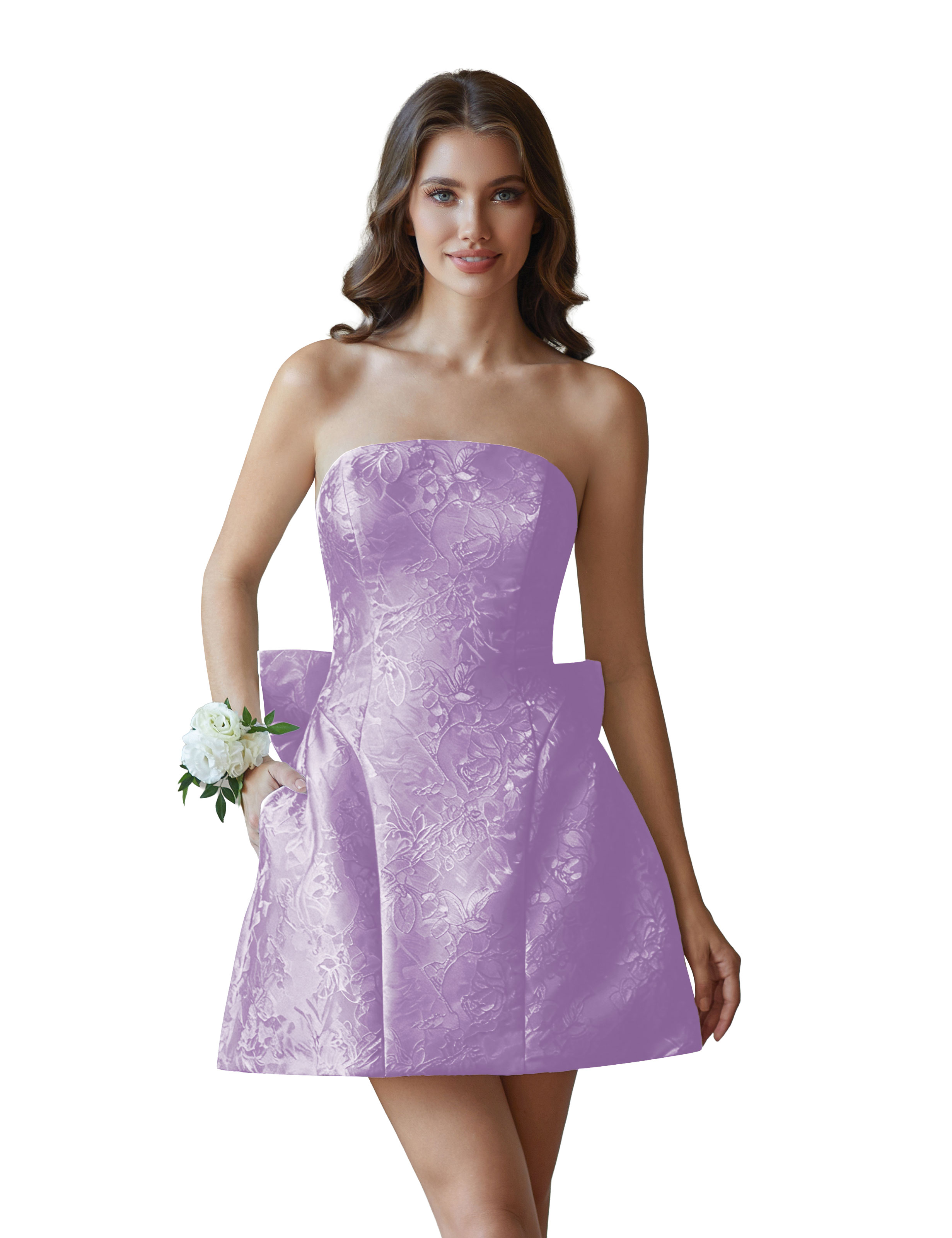 Jacquard Satin Mini Short Party Cocktail Prom Homecoming Dress with Bow Back #HC2401770