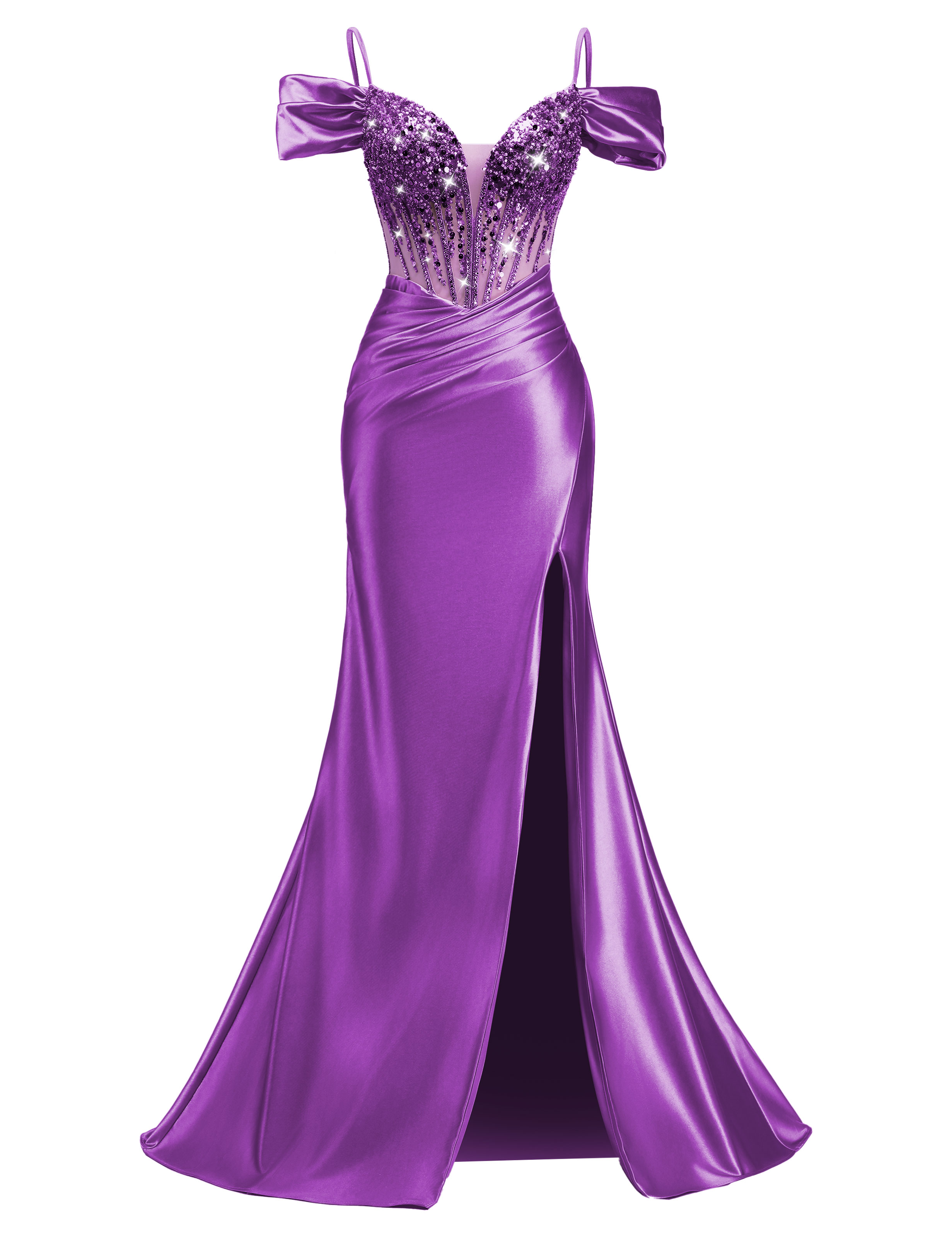 Mermaid V-neck Off Shoulder Beaded Sequin Satin Slit Prom Dress #PR2510014