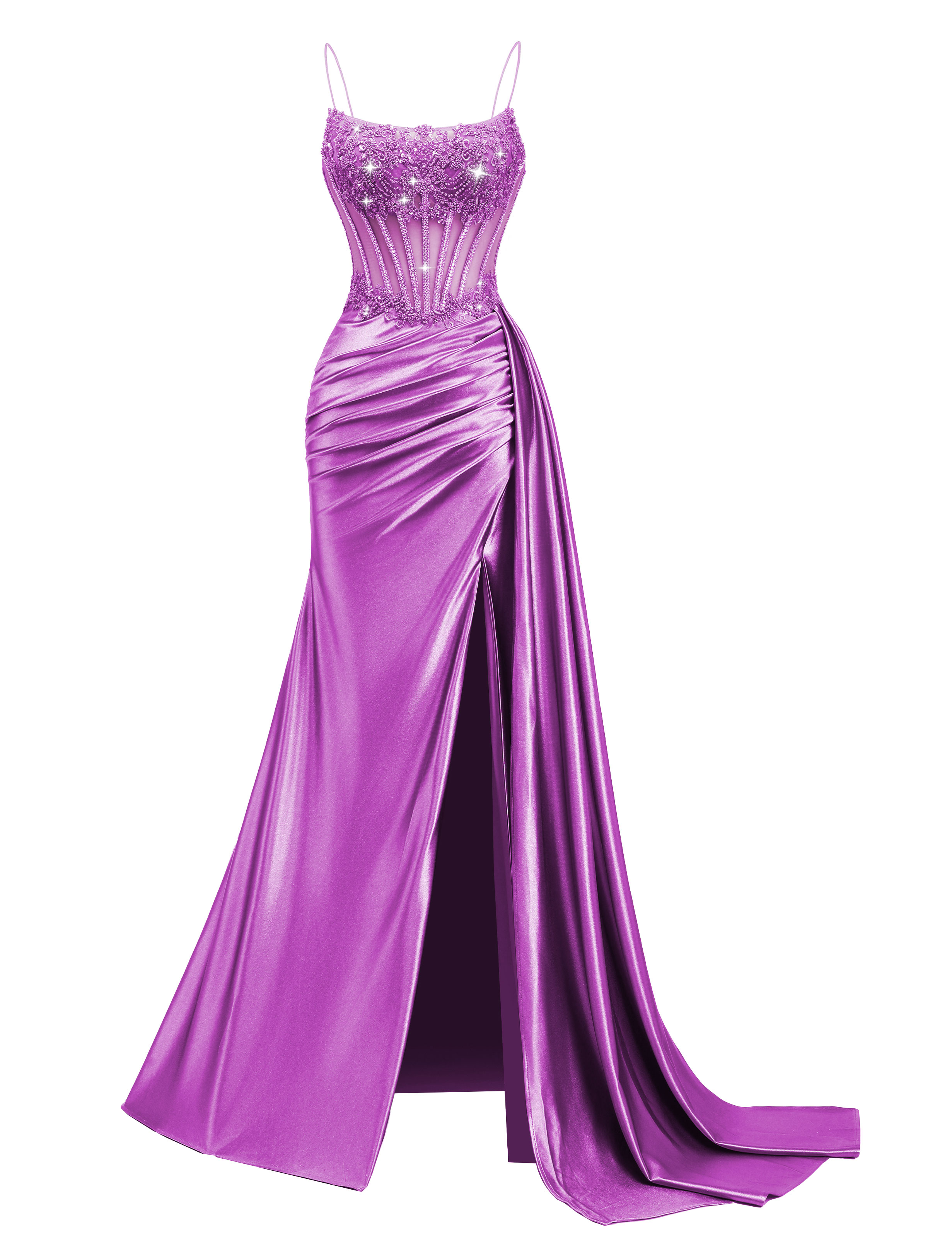 Mermaid Spaghetti Straps Pleated Satin Beaded Slit Prom Dress #PR2510011