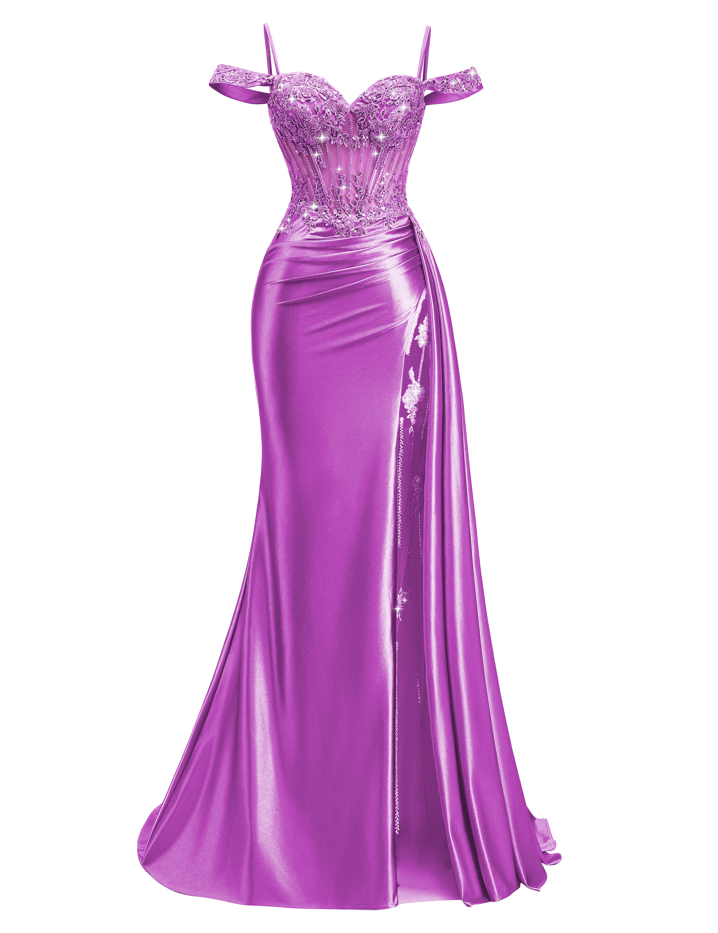Mermaid Off Shoulder Beaded Sequin Appliques Satin Slit Prom Dress #PR2510009