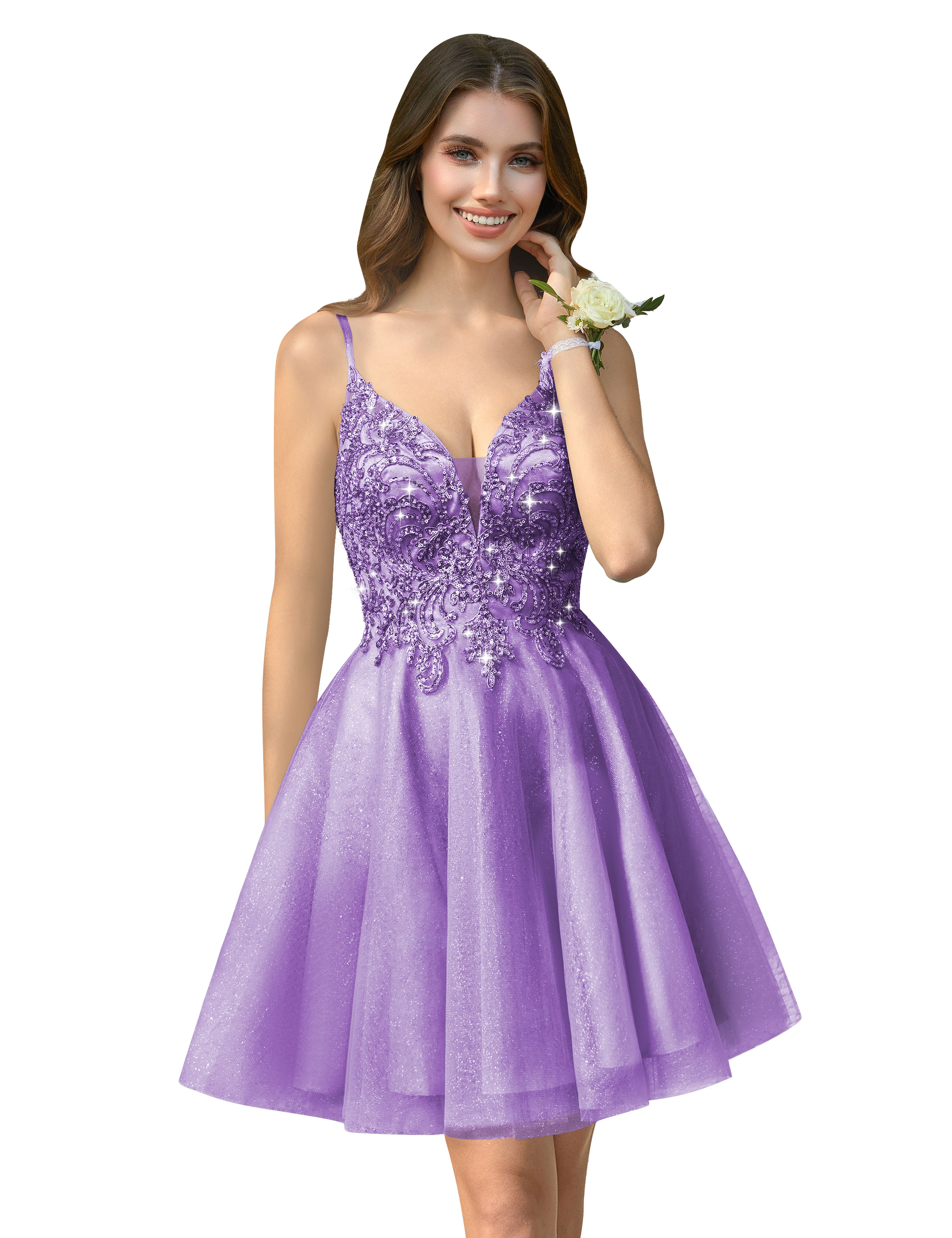 A-line V-neck Spaghetti Strap Sparkly Beaded Tulle Homecoming Dress #HC2401940