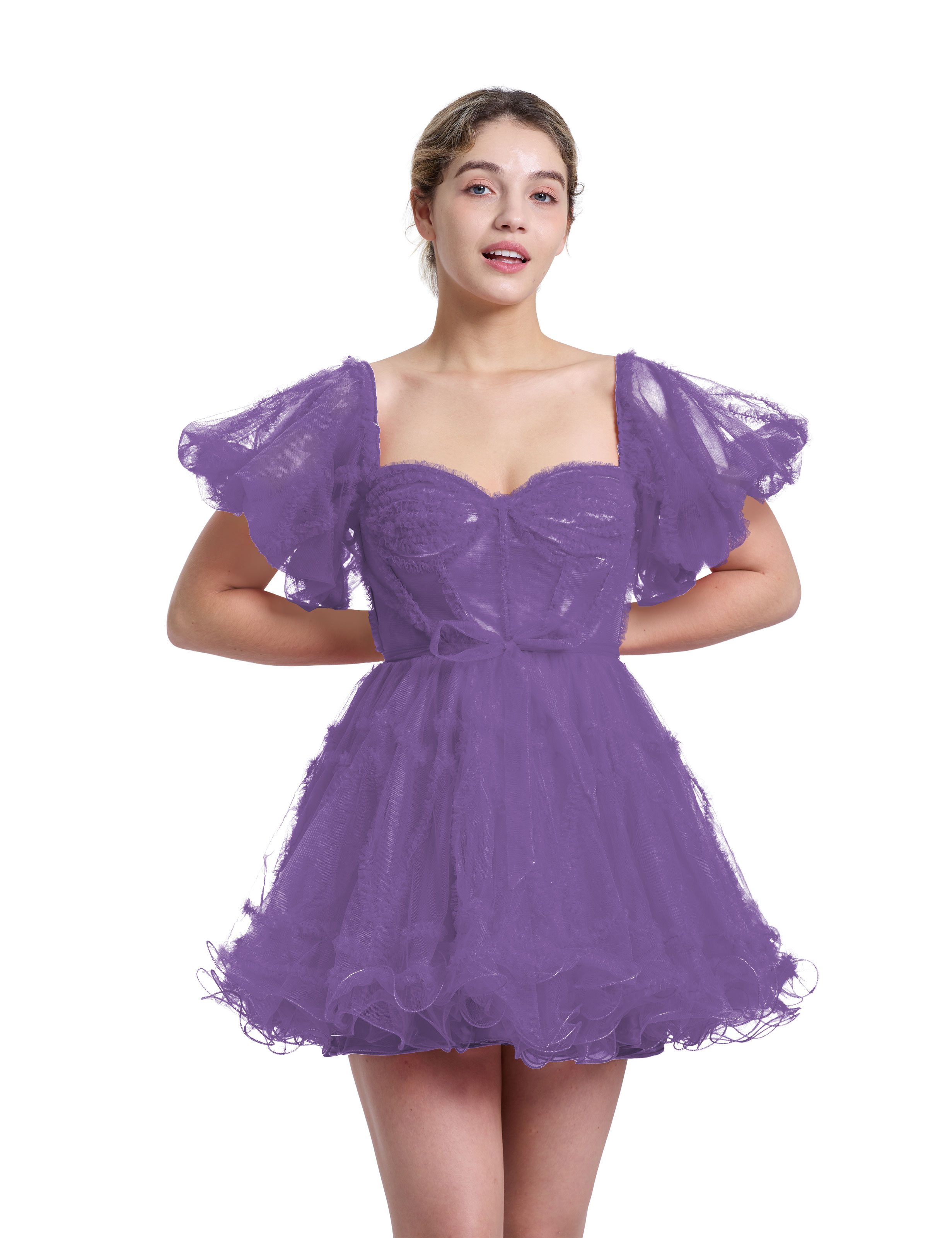 A-line Sweetheart Ruffles Tulle Puffy Sleeves Red Homecoming Dress #HC2401317