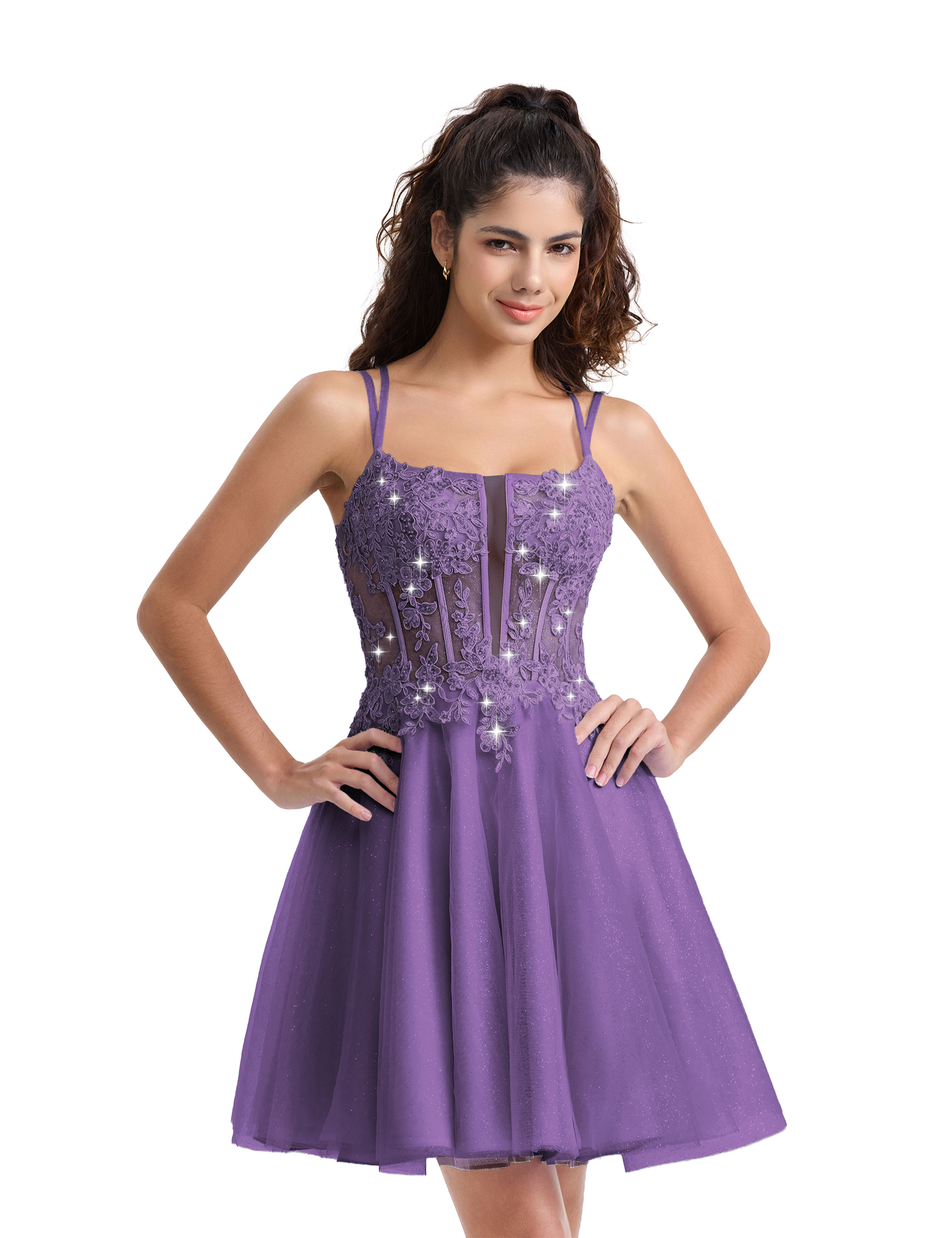 A-line Spaghetti Strap Tulle Lace Appliques Cocktail Homecoming Dress #HC2402129