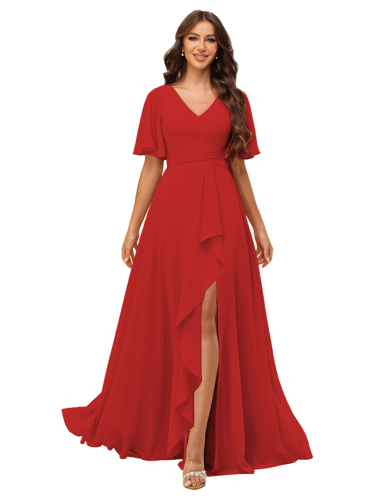 A-line V-neck Short Sleeves Chiffon Silt Bridesmaid Dress #BM2507137