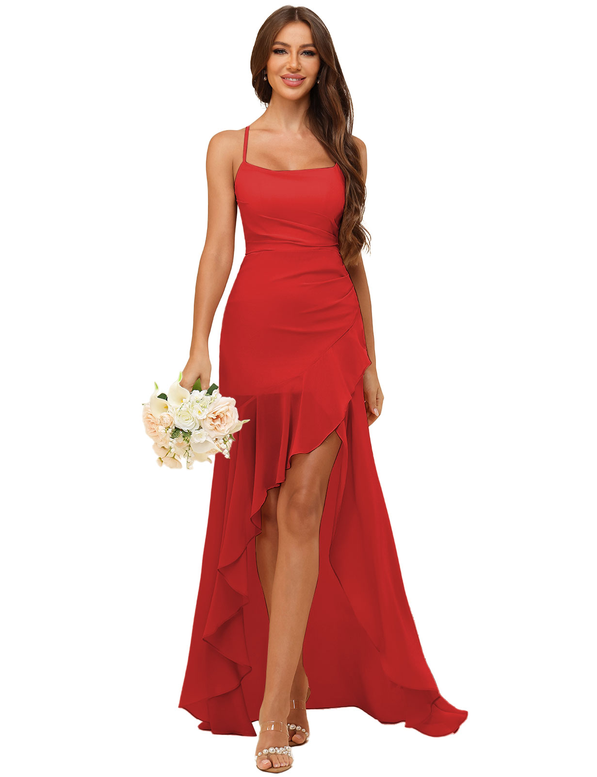 A-line Strapless Chiffon High Low Ruffles Bridesmaid Dress #BM2507148