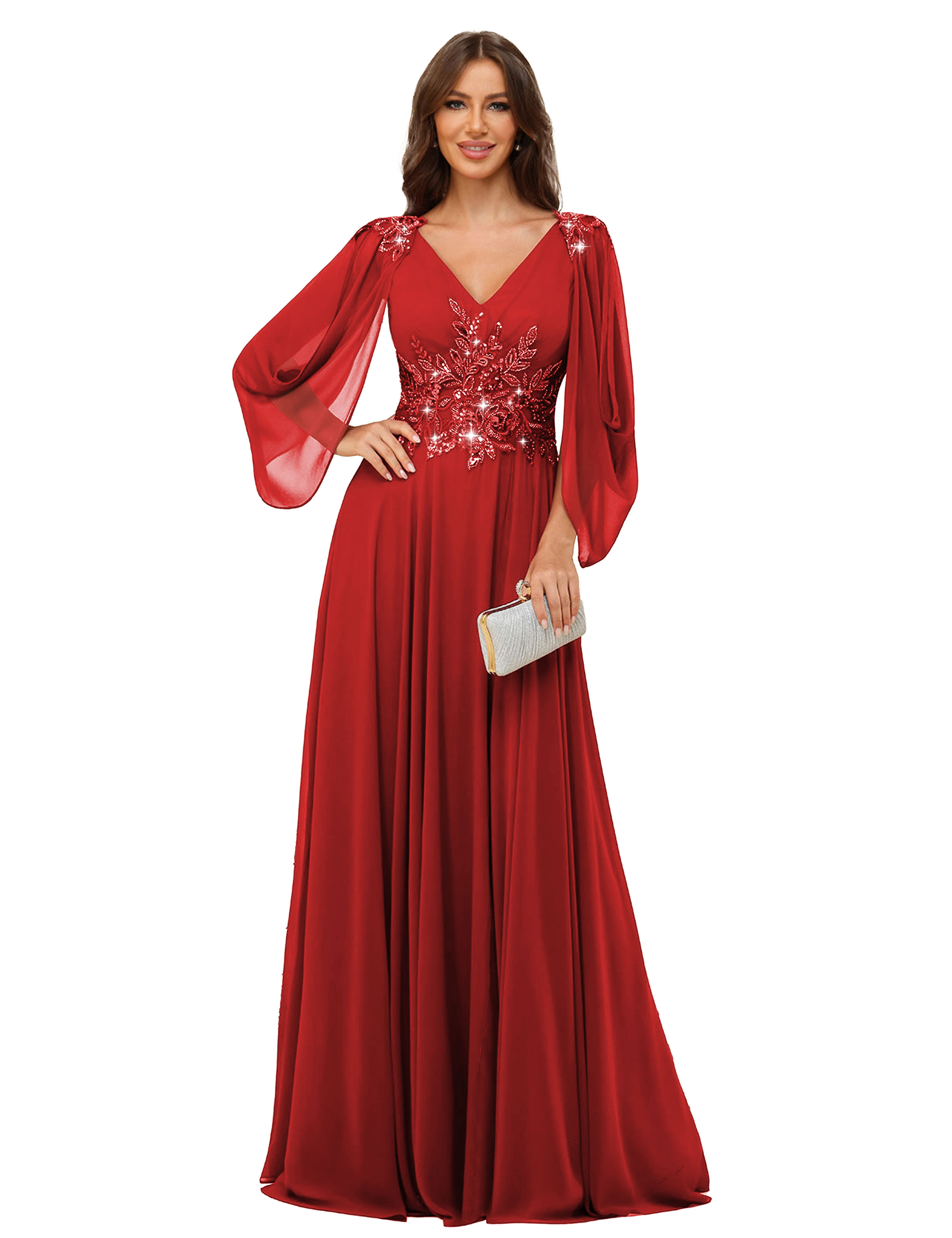 A-line V-neck Chiffon V-back Long Sleeves Mother of The Bride Dress #BM2501034